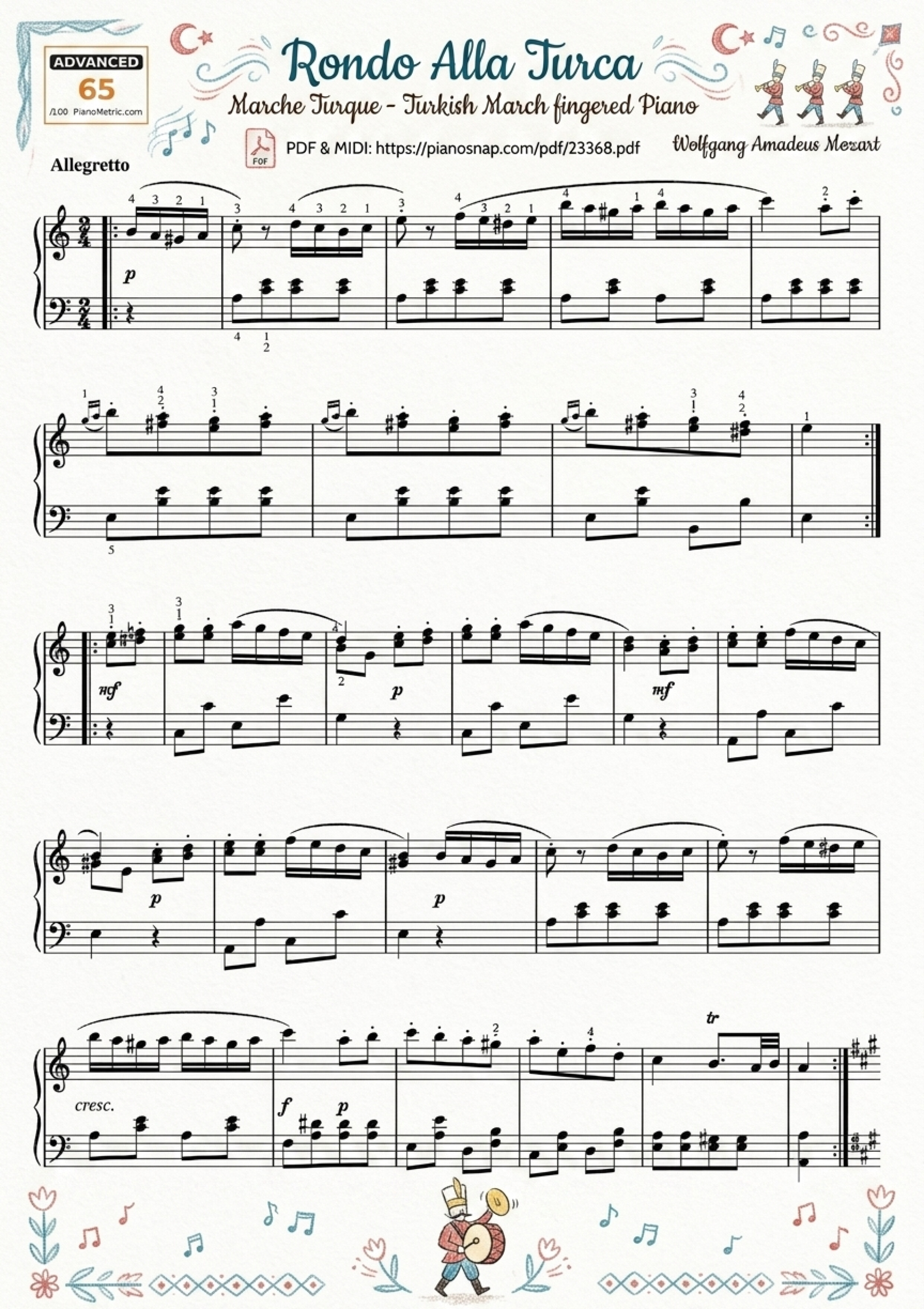 Illustrated Sheet Music Page 5 of the piano sheet music PDF Piano – Rondo Alla Turca - Marche Turque - Turkish March fingered Piano by Wolfgang Amadeus Mozart