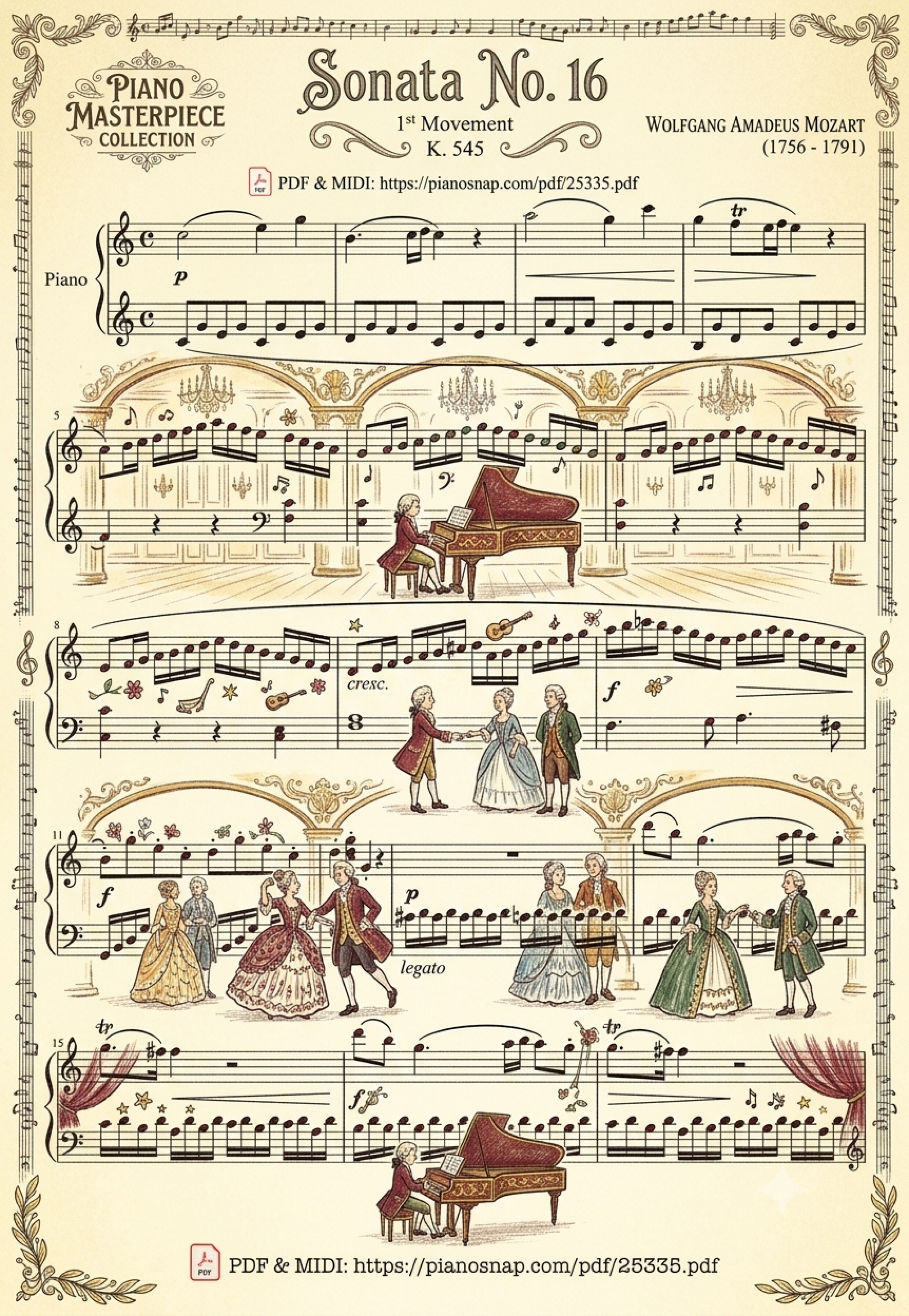 Illustrated Sheet Music Page 5 of the piano sheet music PDF Piano – Sonata No. 16, 1st Movement K. 545 by Wolfgang Amadeus Mozart