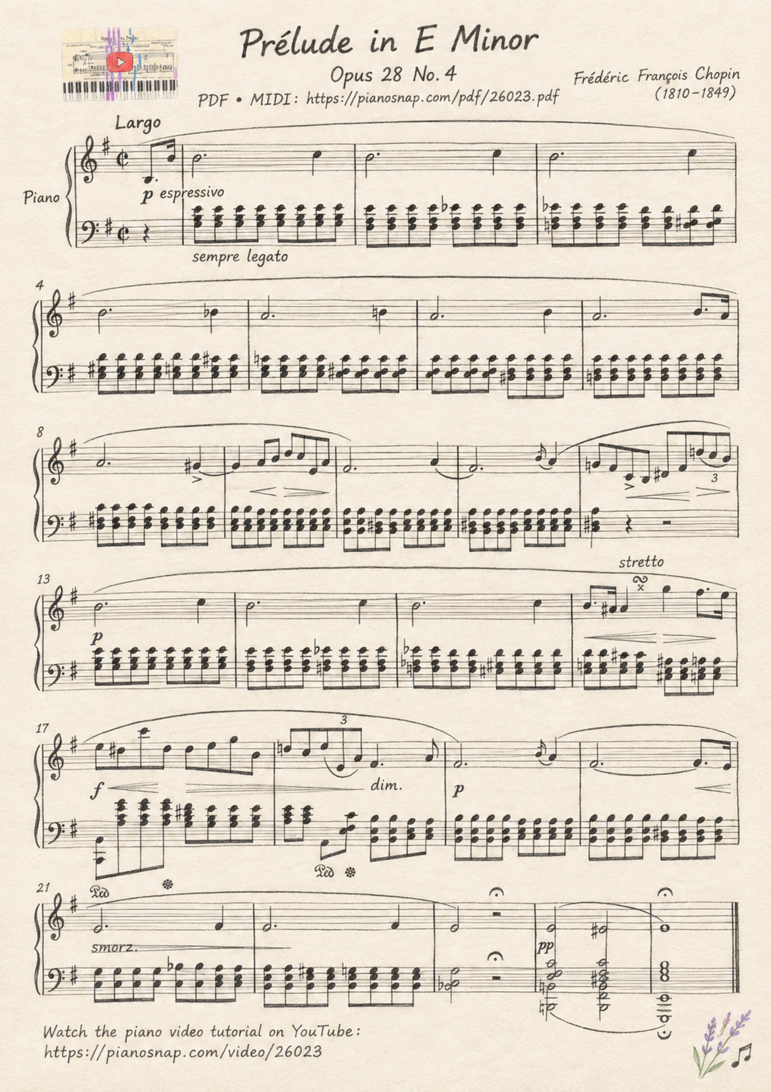 Illustrated Sheet Music Page 1 of the piano sheet music PDF Piano – Prélude in E Minor Piano by Frédéric François Chopin