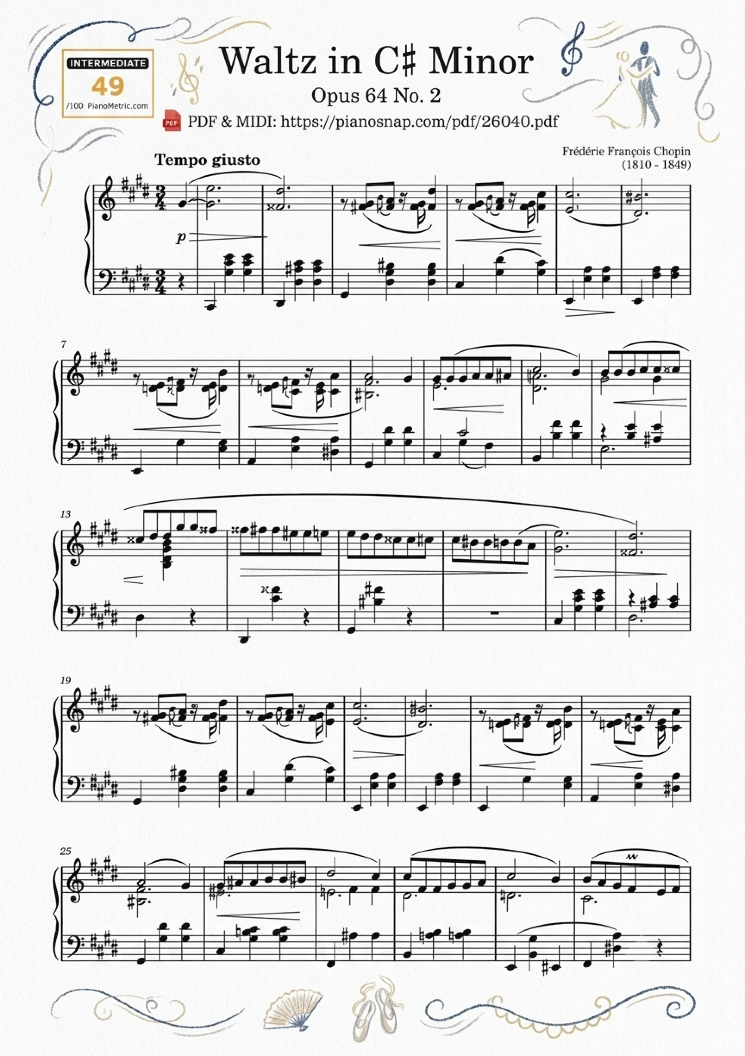 Illustrated Sheet Music Page 6 of the piano sheet music PDF Piano – Waltz in C♯ Minor - Chopin Op.64, No.2 by Frédéric François Chopin