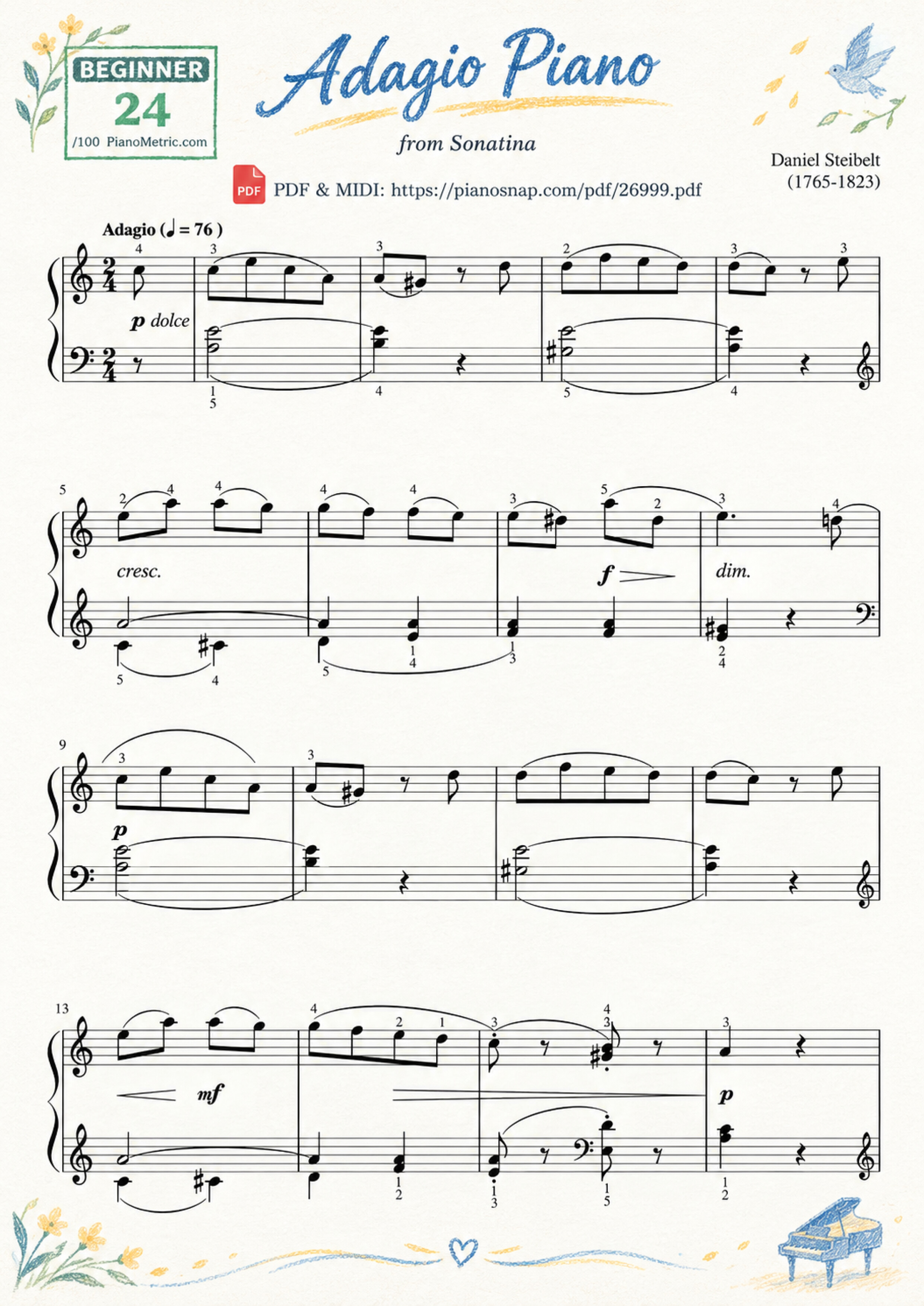 Illustrated Sheet Music Page 2 of the piano sheet music PDF Piano – Adagio Piano by Daniel Steibelt