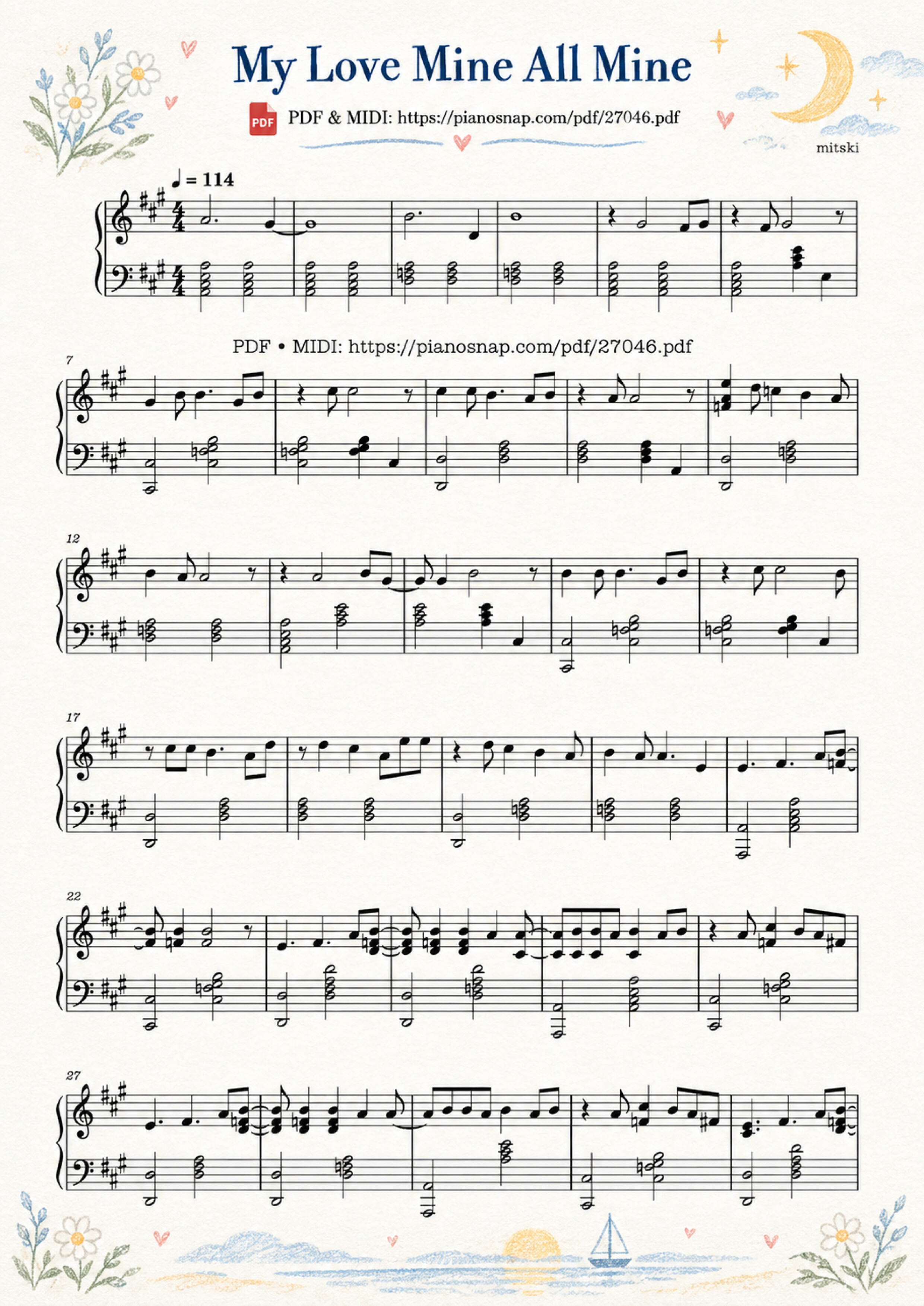 Illustrated Sheet Music Page 2 of the piano sheet music PDF Piano – My Love Mine All Mine by Mitski
