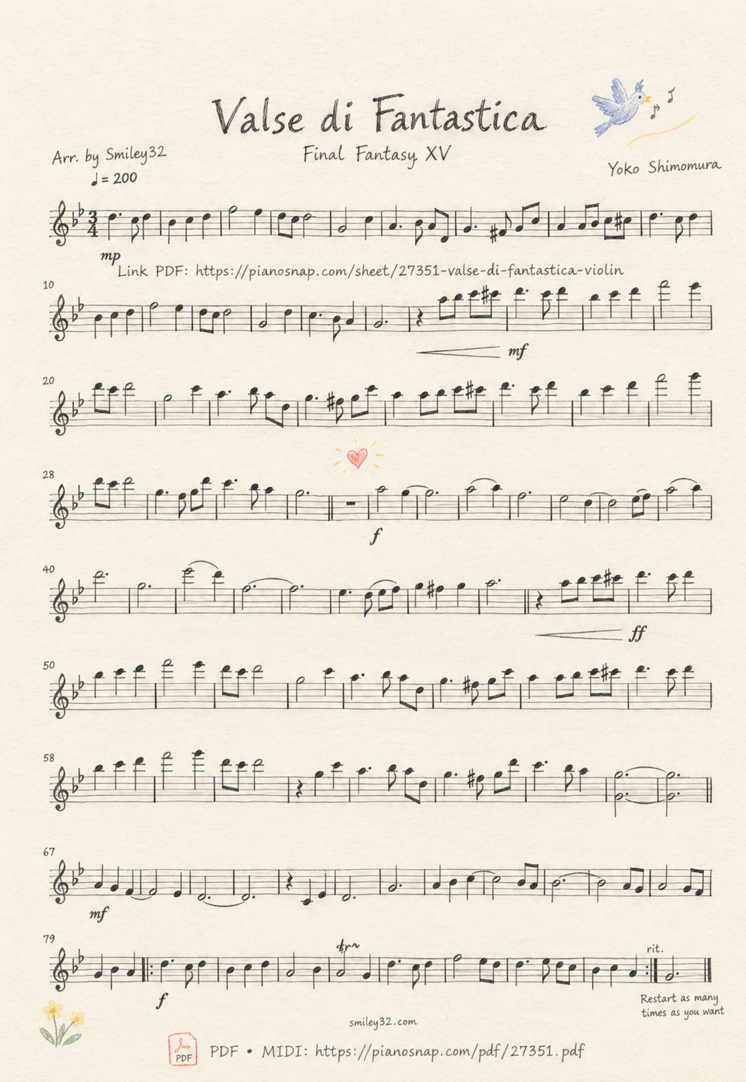 Illustrated Sheet Music Page 1 of the piano sheet music PDF – Valse di Fantastica Violin by Yoko Shimomura