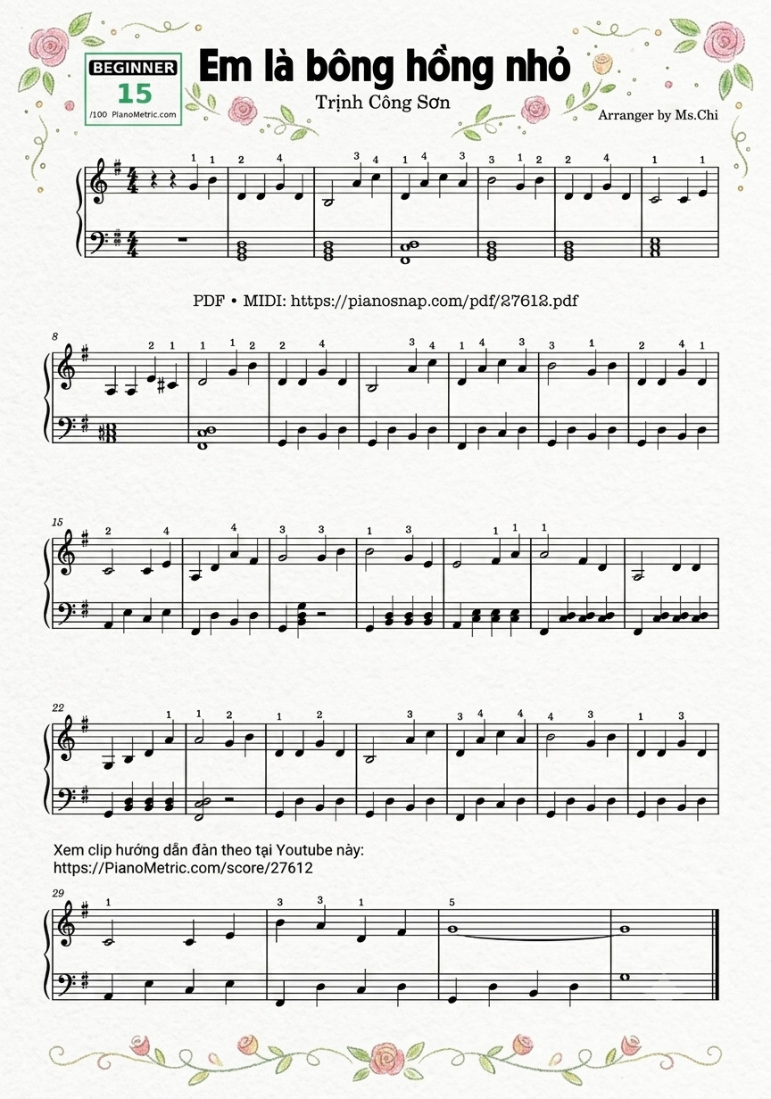 Illustrated Sheet Music Page 1 of the piano sheet music PDF Piano – Em là bông hồng nhỏ Piano by TRịnh CÔng Sơn