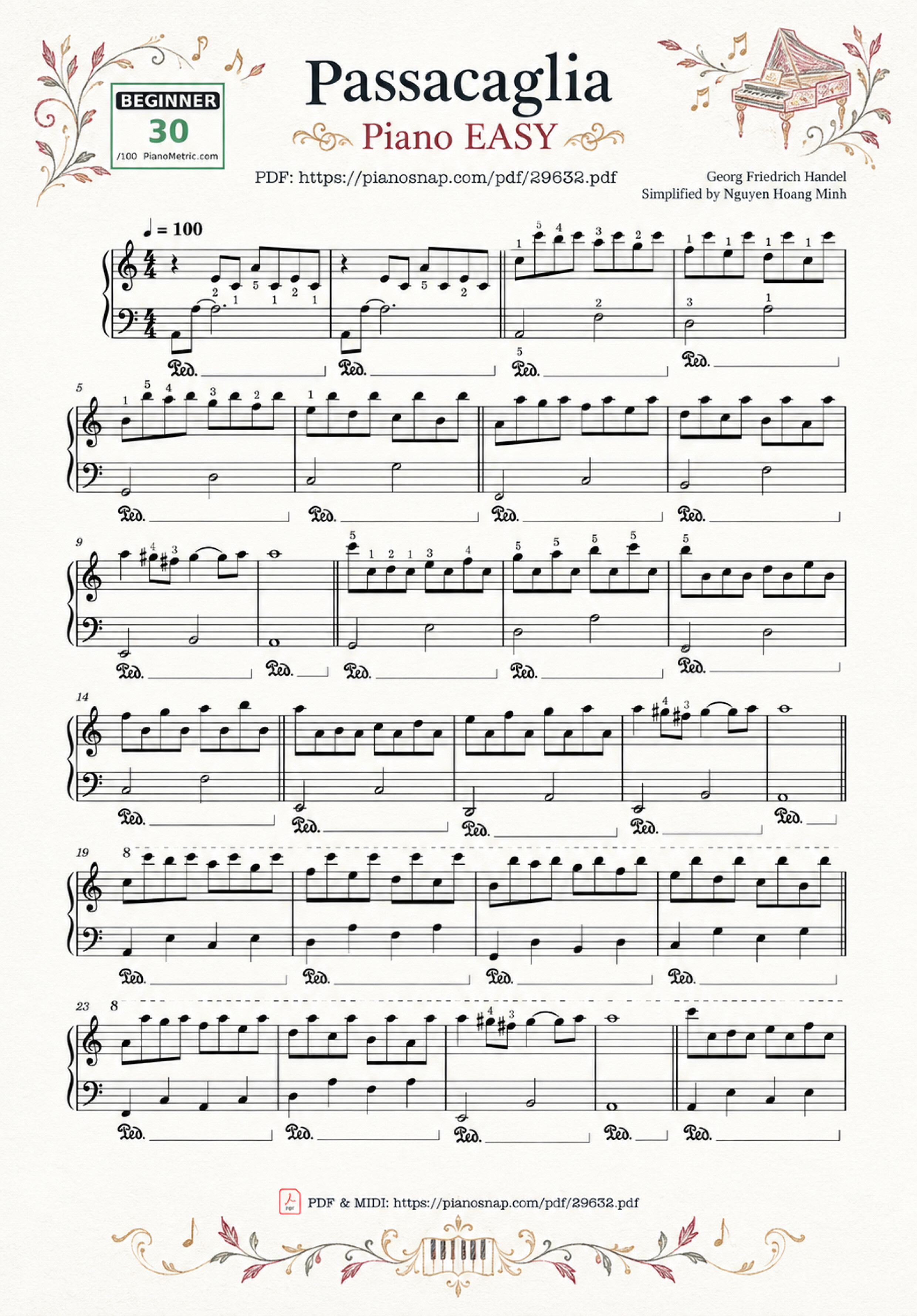 Illustrated Sheet Music Page 2 of the piano sheet music PDF Piano – Passacaglia Piano EASY by Georg Friedrich Handel