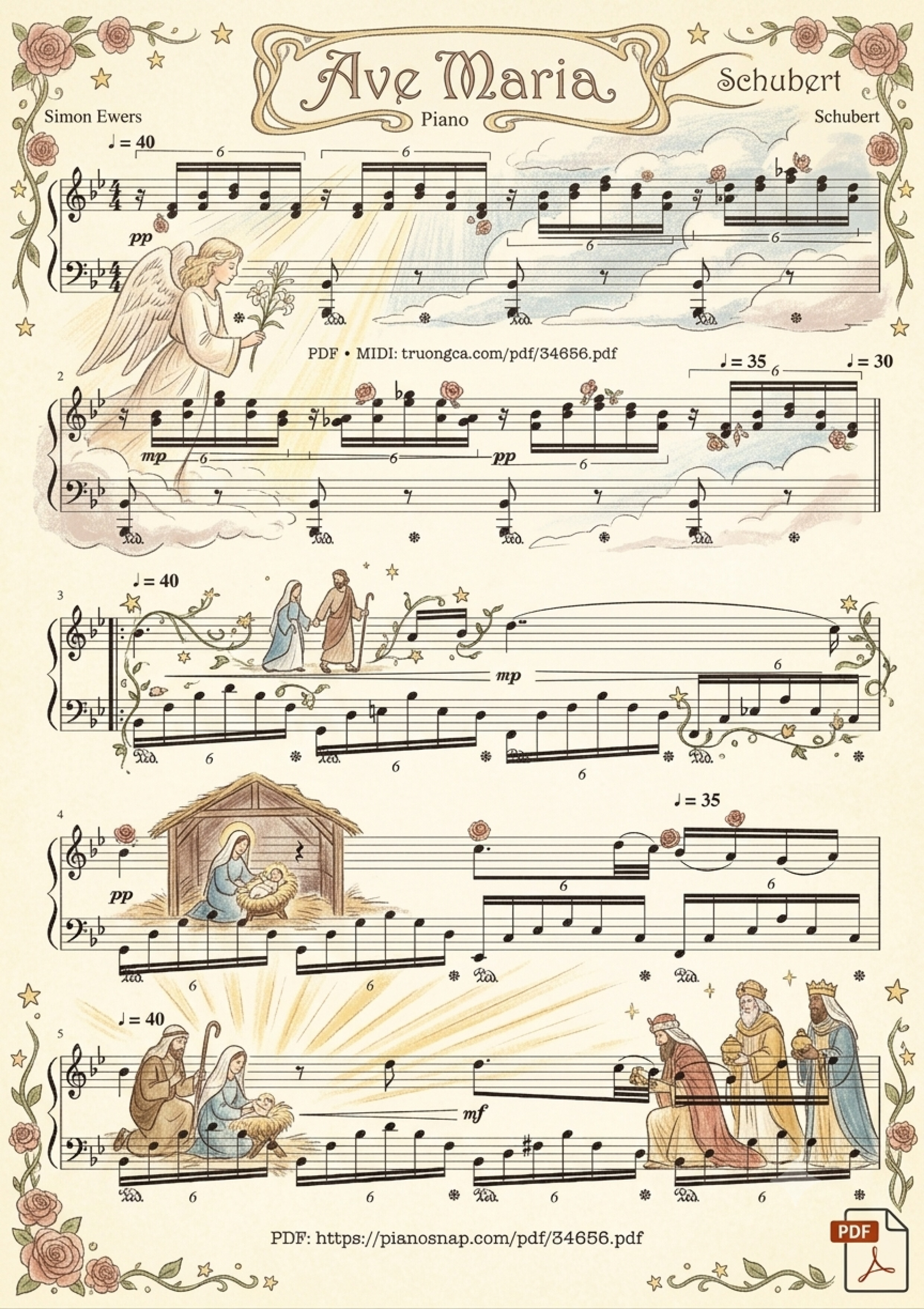 Illustrated Sheet Music Page 3 of the piano sheet music PDF Piano – Ave Maria - Schubert, Piano by Franz Schubert