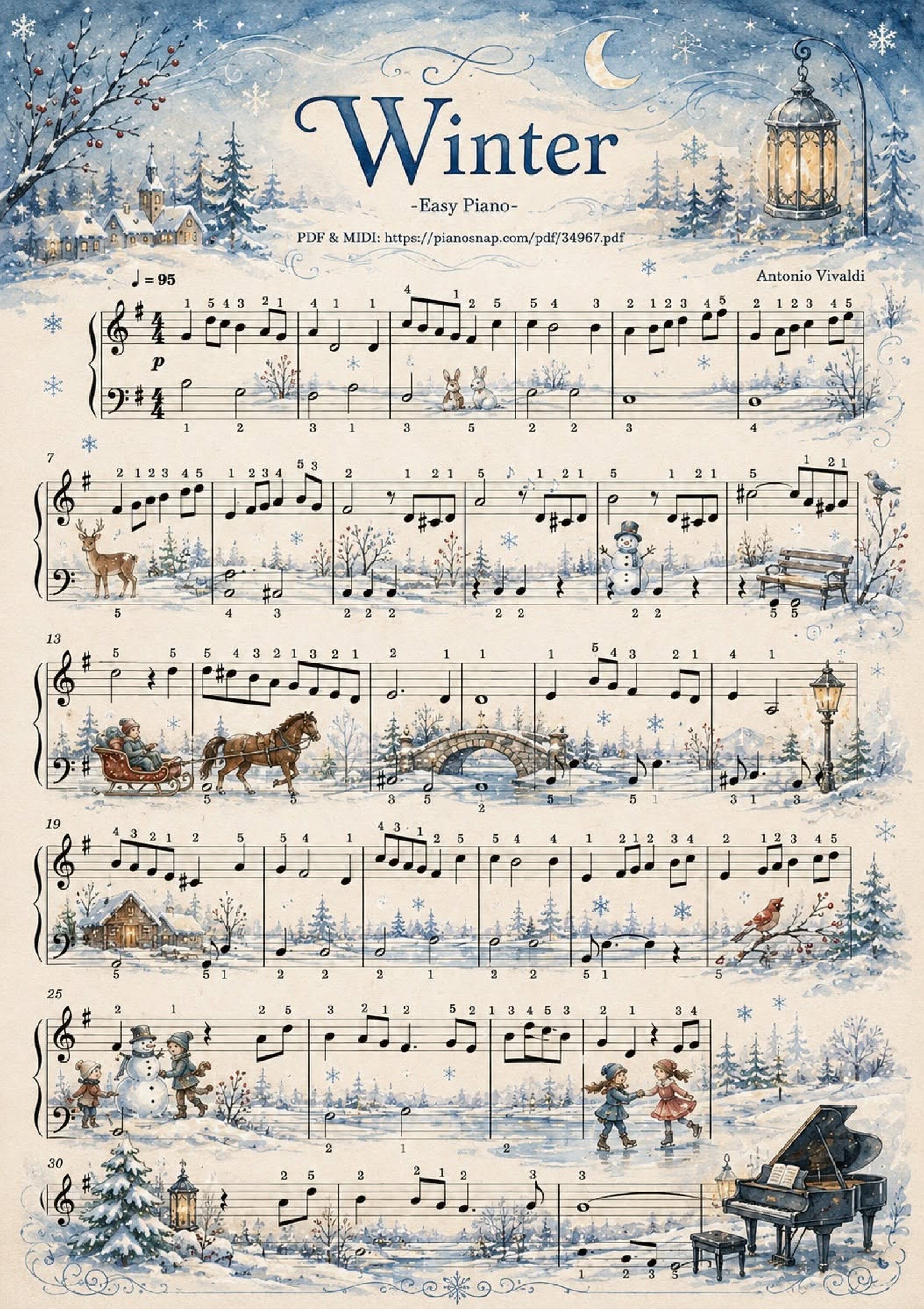 Illustrated Sheet Music Page 1 of the piano sheet music PDF Piano – Winter Piano Easy, Vivaldi (With finger number) by Antonio Vivaldi