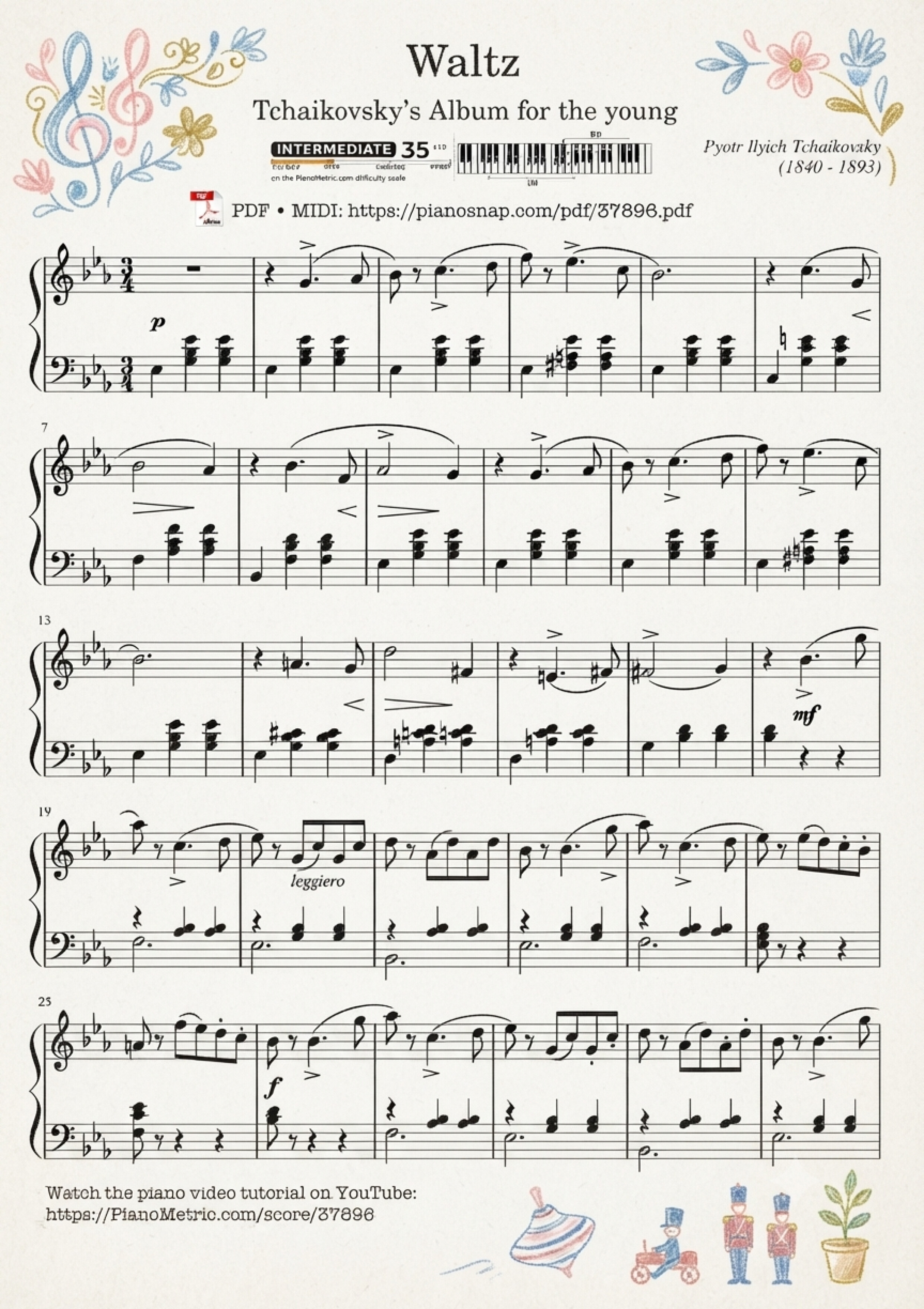 Illustrated Sheet Music Page 3 of the piano sheet music PDF Piano – Waltz, Tchaikovsky, Album for the young by Pyotr Ilyich Tchaikovsky