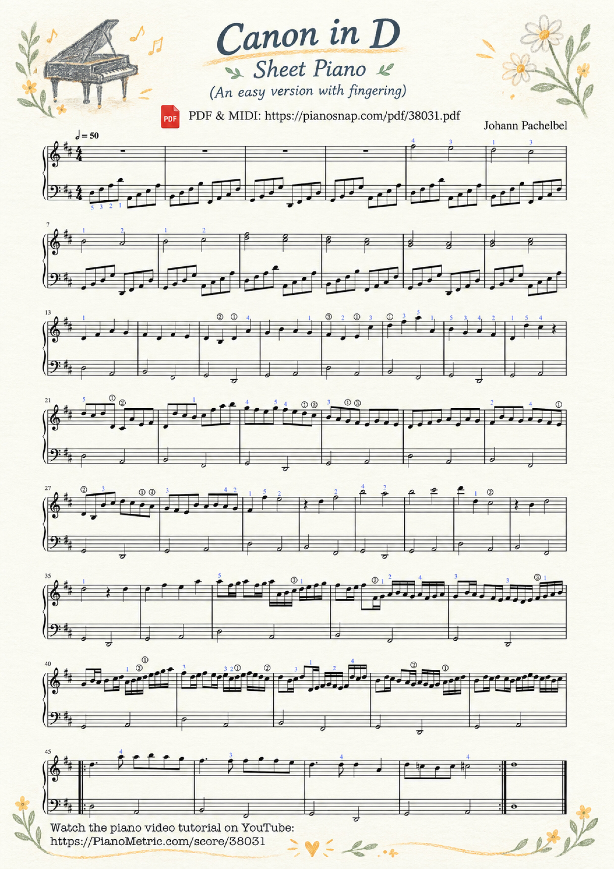Illustrated Sheet Music Page 1 of the piano sheet music PDF – Canon in D Sheet Piano (An easy version with fingering) by Johann Pachelbel