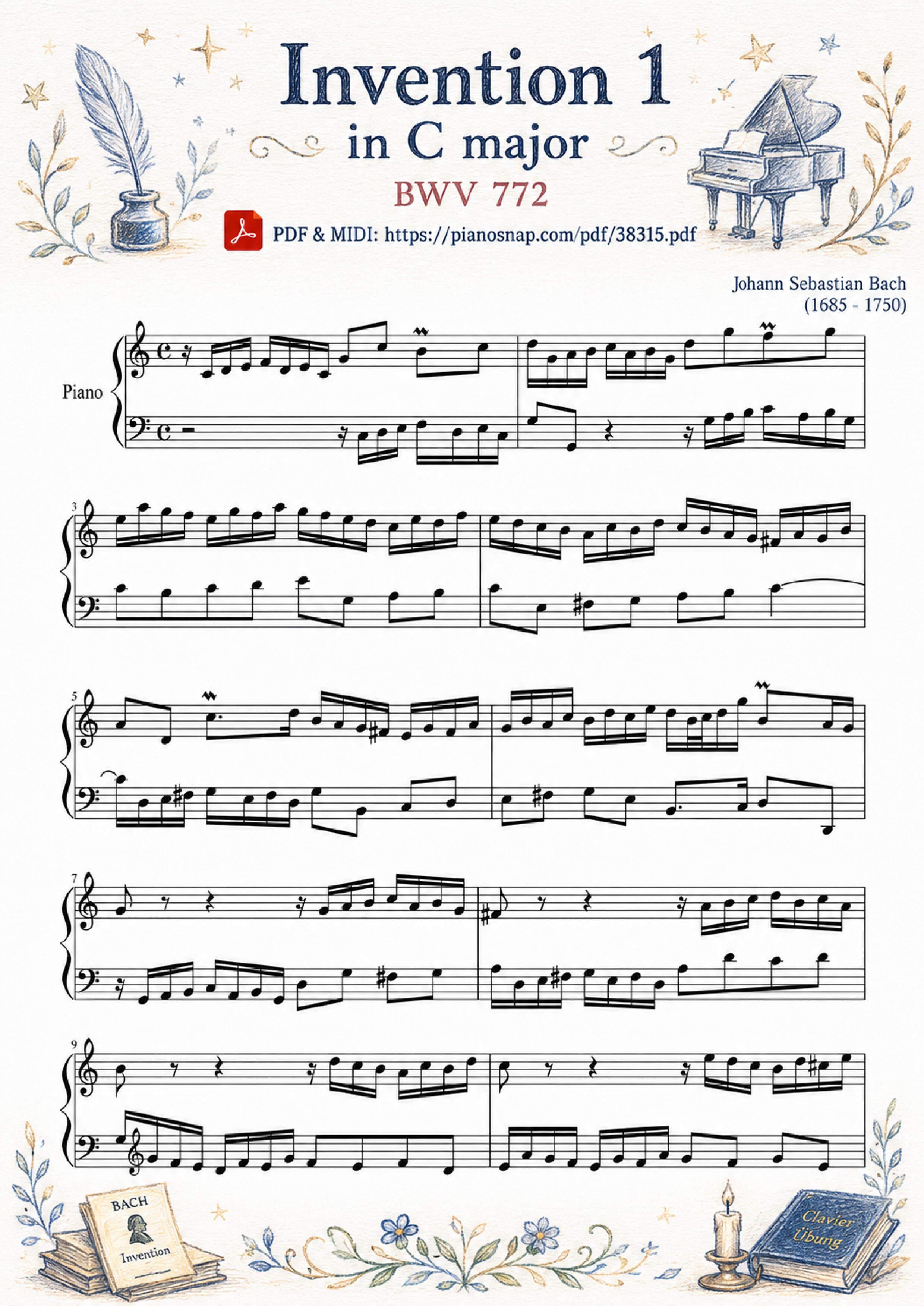 Illustrated Sheet Music Page 2 of the piano sheet music PDF – Invention 1 in C major BWV 772 by Johann Sebastian Bach