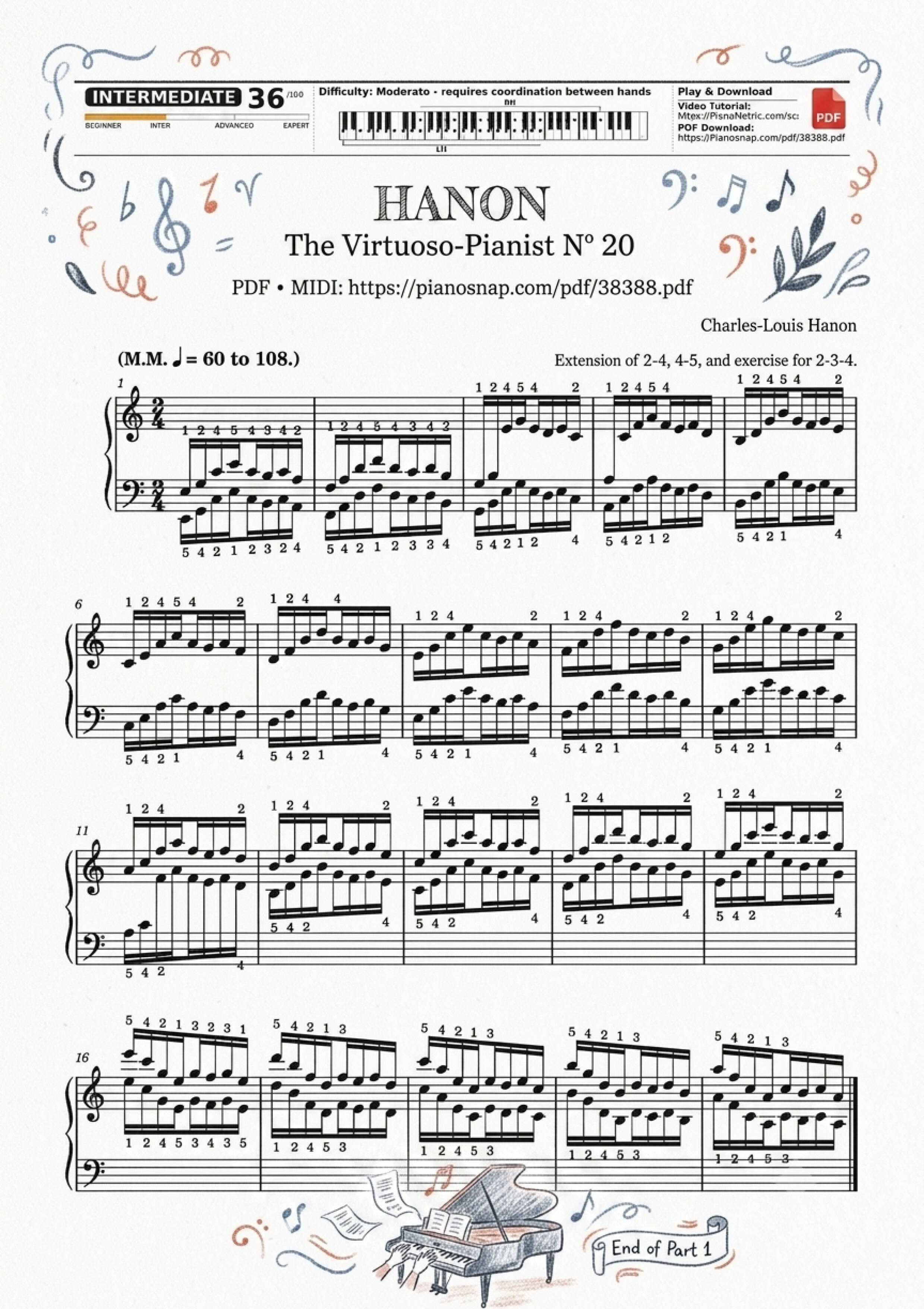 Illustrated Sheet Music Page 2 of the piano sheet music PDF – Hanon - The Virtuoso Pianist No. 20 (End of part 1) by Charles-Louis Hanon