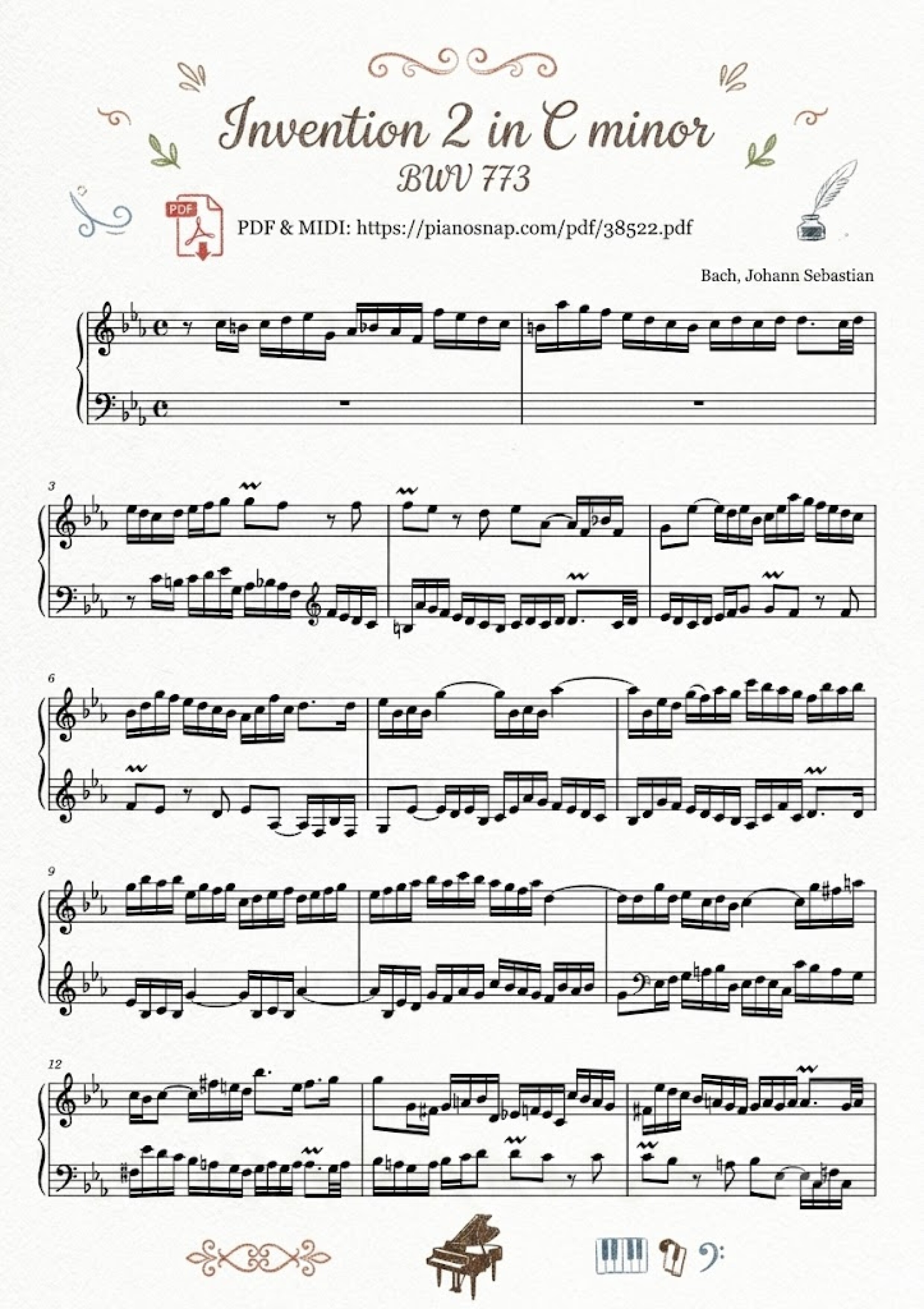 Illustrated Sheet Music Page 2 of the piano sheet music PDF – Invention 2 in C minor BWV 773 by Johann Sebastian Bach