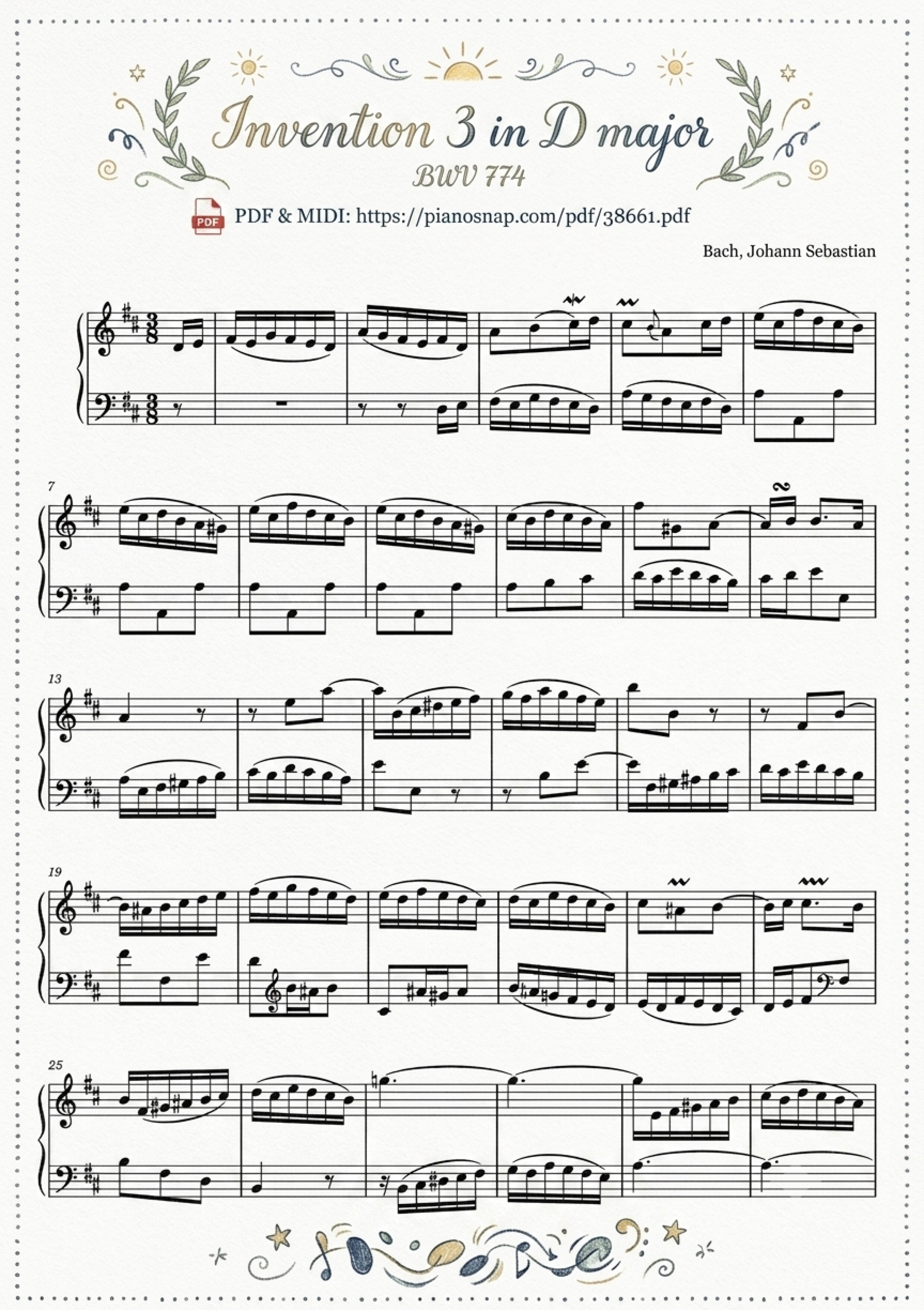 Illustrated Sheet Music Page 2 of the piano sheet music PDF – Invention 3 in D major BWV 774 by Johann Sebastian Bach