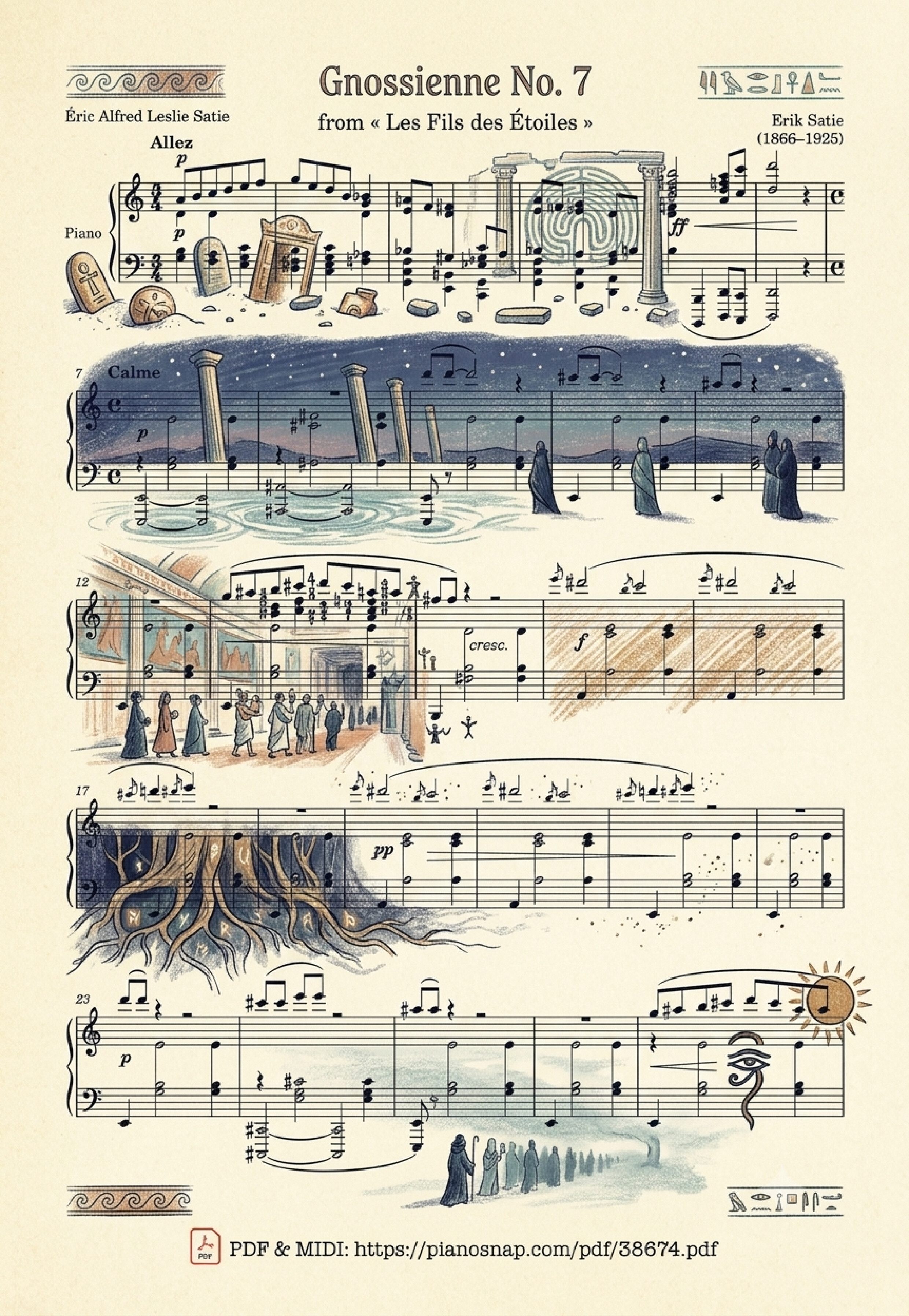 Illustrated Sheet Music Page 3 of the piano sheet music PDF – Gnossienne No. 7 by Erik Satie