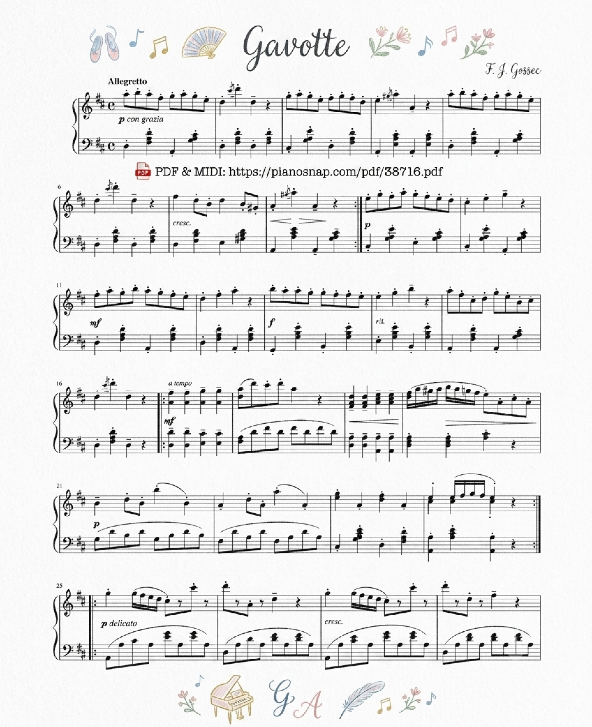 Illustrated Sheet Music Page 2 of the piano sheet music PDF Piano – Gavotte by Francois-Joseph Gossec