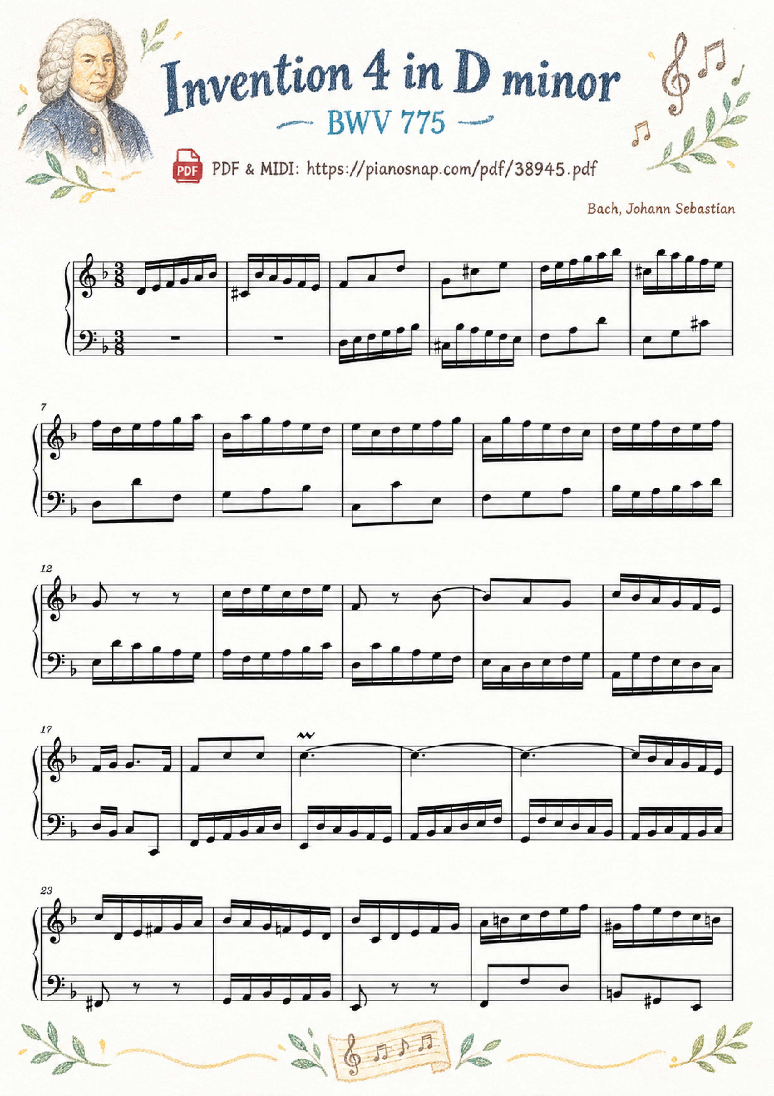 Illustrated Sheet Music Page 2 of the piano sheet music PDF – Invention 4 in D minor, BWV 775 by Johann Sebastian Bach