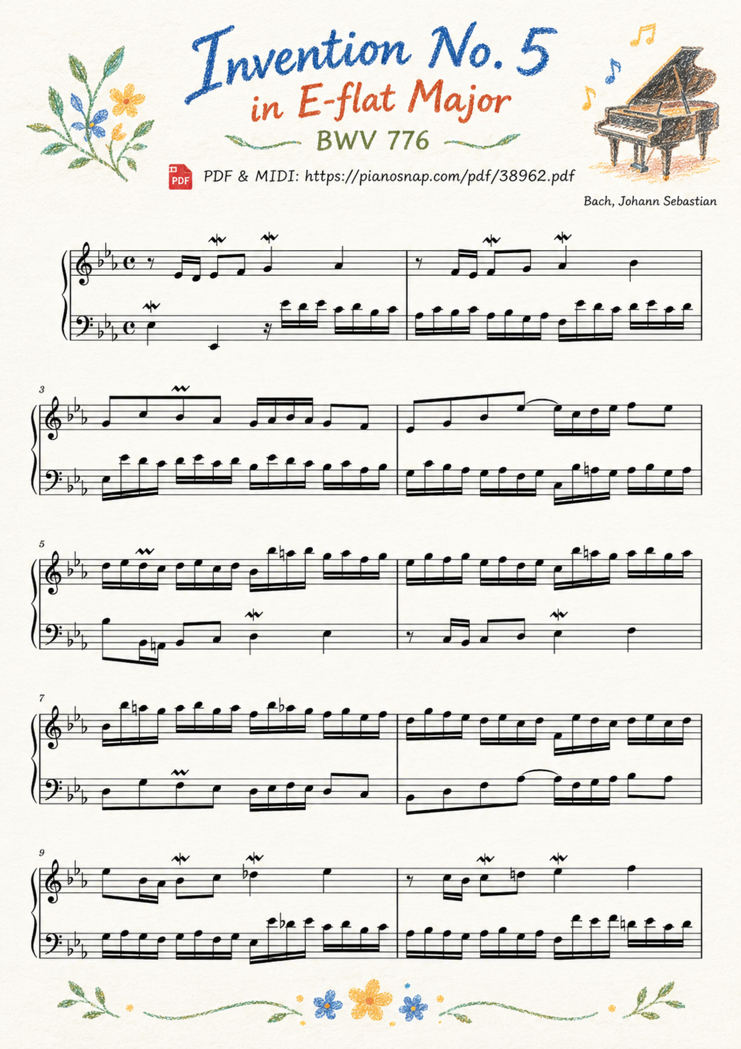 Illustrated Sheet Music Page 3 of the piano sheet music PDF – Invention No. 5 in E-flat Major, BWV 776 by Johann Sebastian Bach