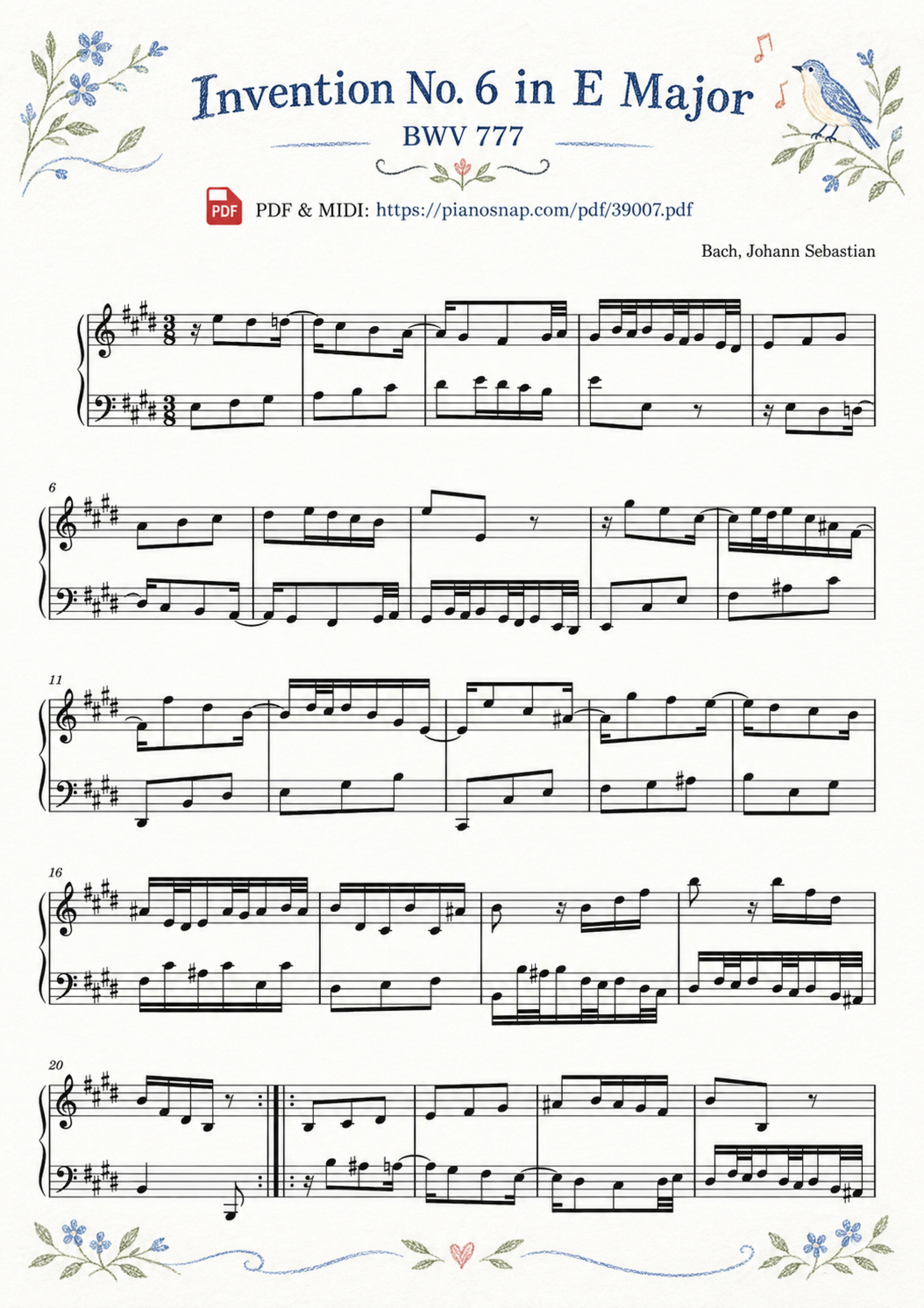 Illustrated Sheet Music Page 3 of the piano sheet music PDF – Invention No. 6 in E Major, BWV 777 by Johann Sebastian Bach