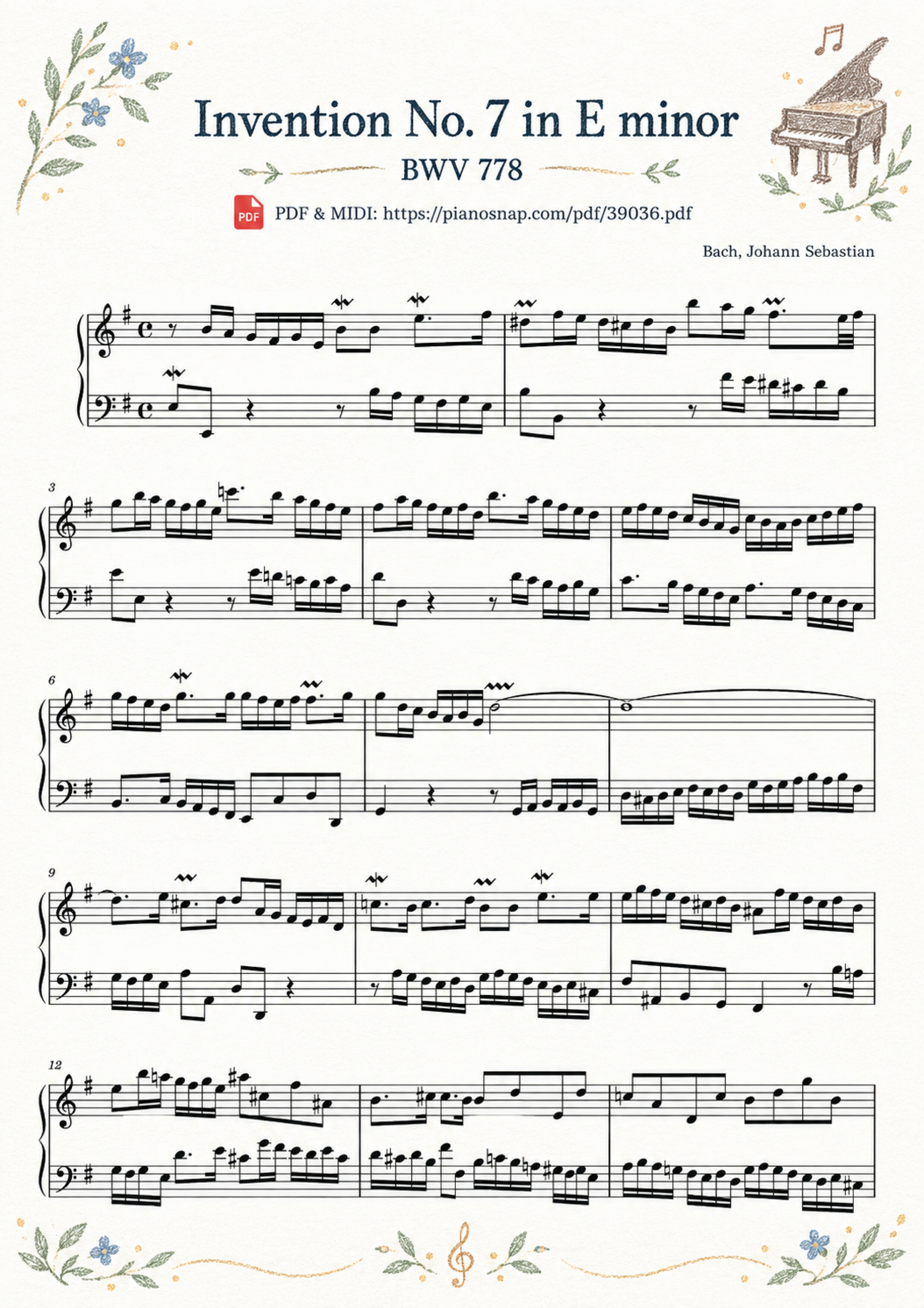Illustrated Sheet Music Page 2 of the piano sheet music PDF – Invention No. 7 in E minor, BWV 778 by Johann Sebastian Bach