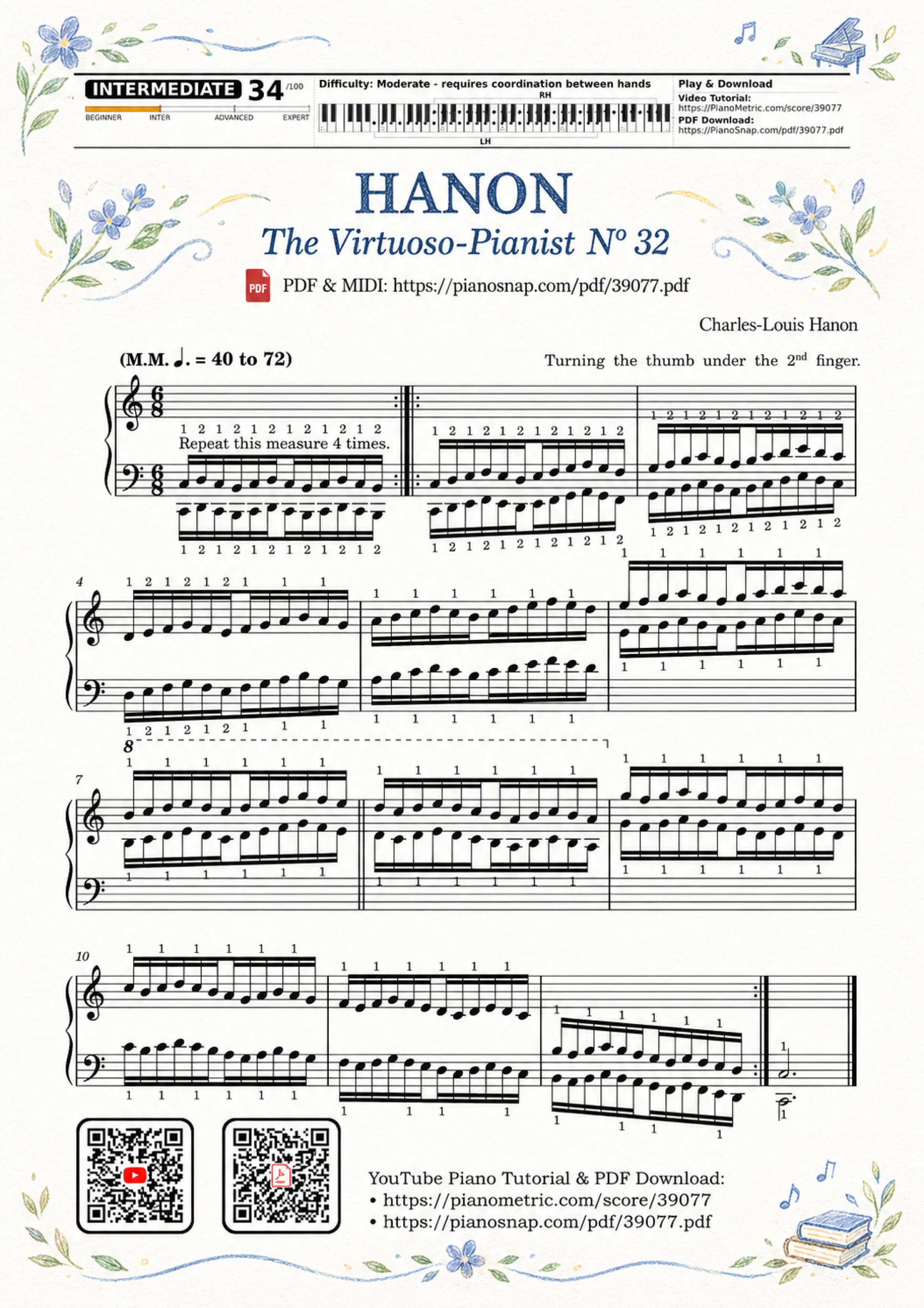 Illustrated Sheet Music Page 1 of the piano sheet music PDF Piano – Hanon - The Virtuoso Pianist No. 32 by Charles-Louis Hanon