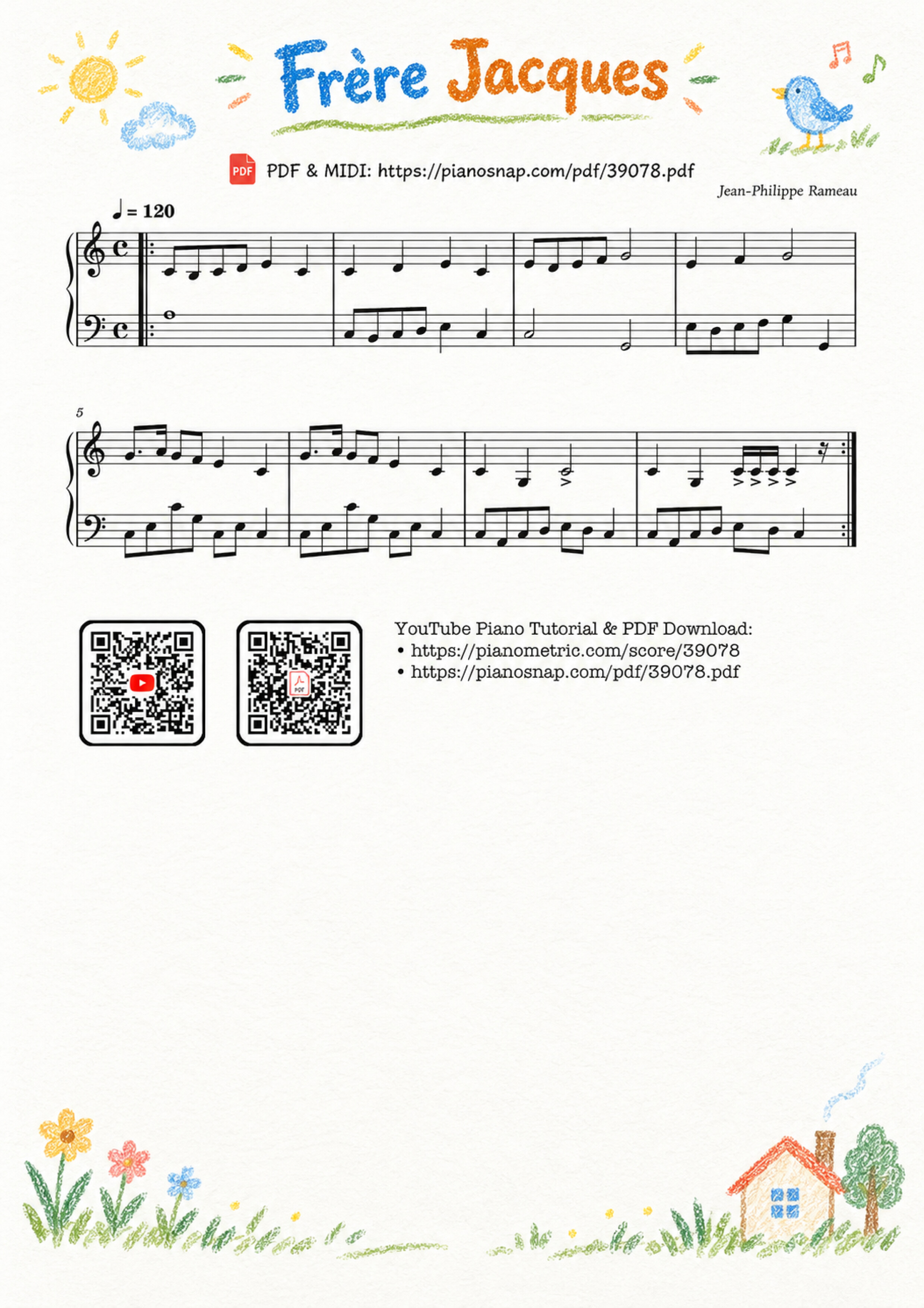 Illustrated Sheet Music Page 1 of the piano sheet music PDF Piano – Frère Jacques by Jean-Philippe Rameau