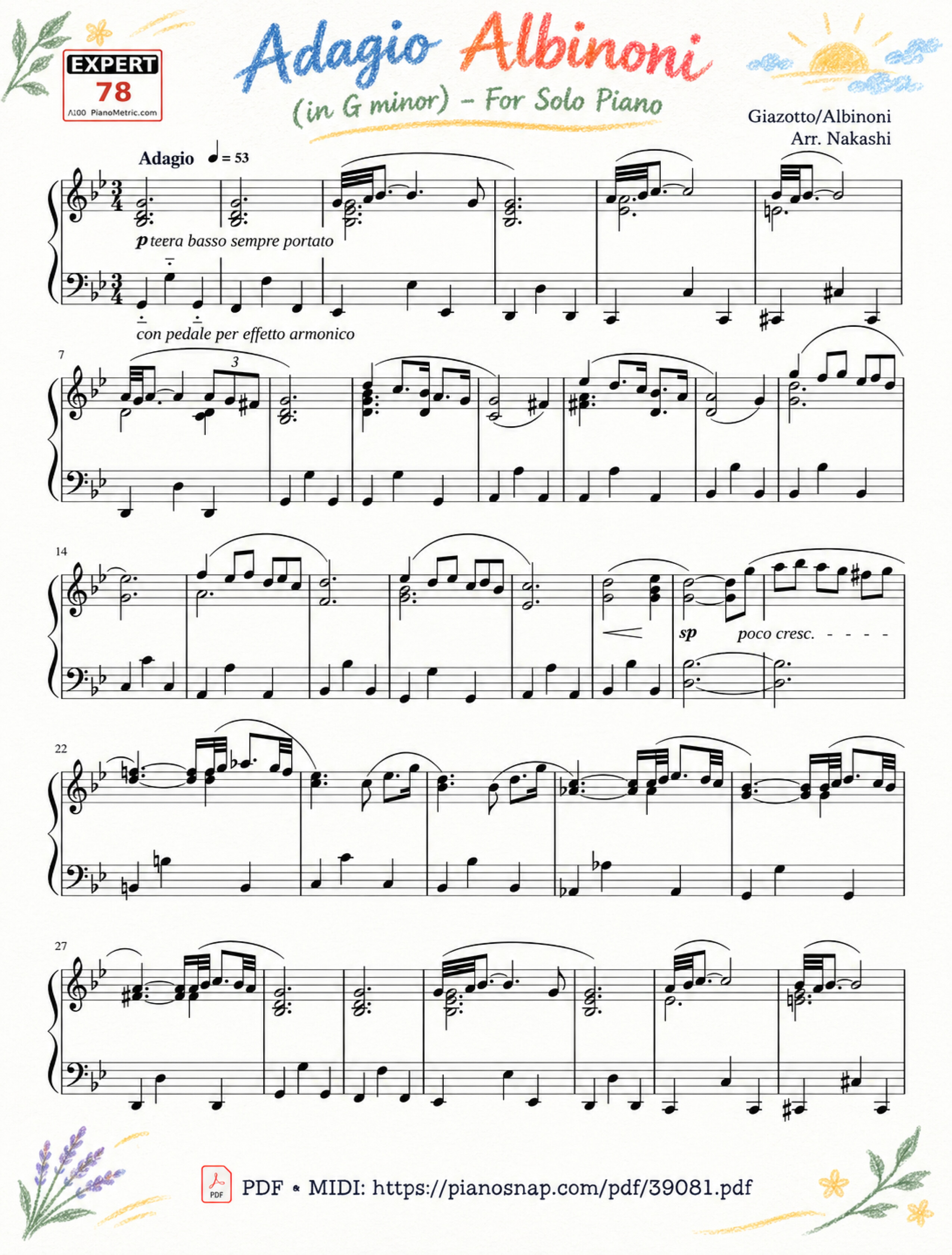Illustrated Sheet Music Page 6 of the piano sheet music PDF Piano – Adagio Albinoni (in G minor) - For Solo Piano by Albinoni