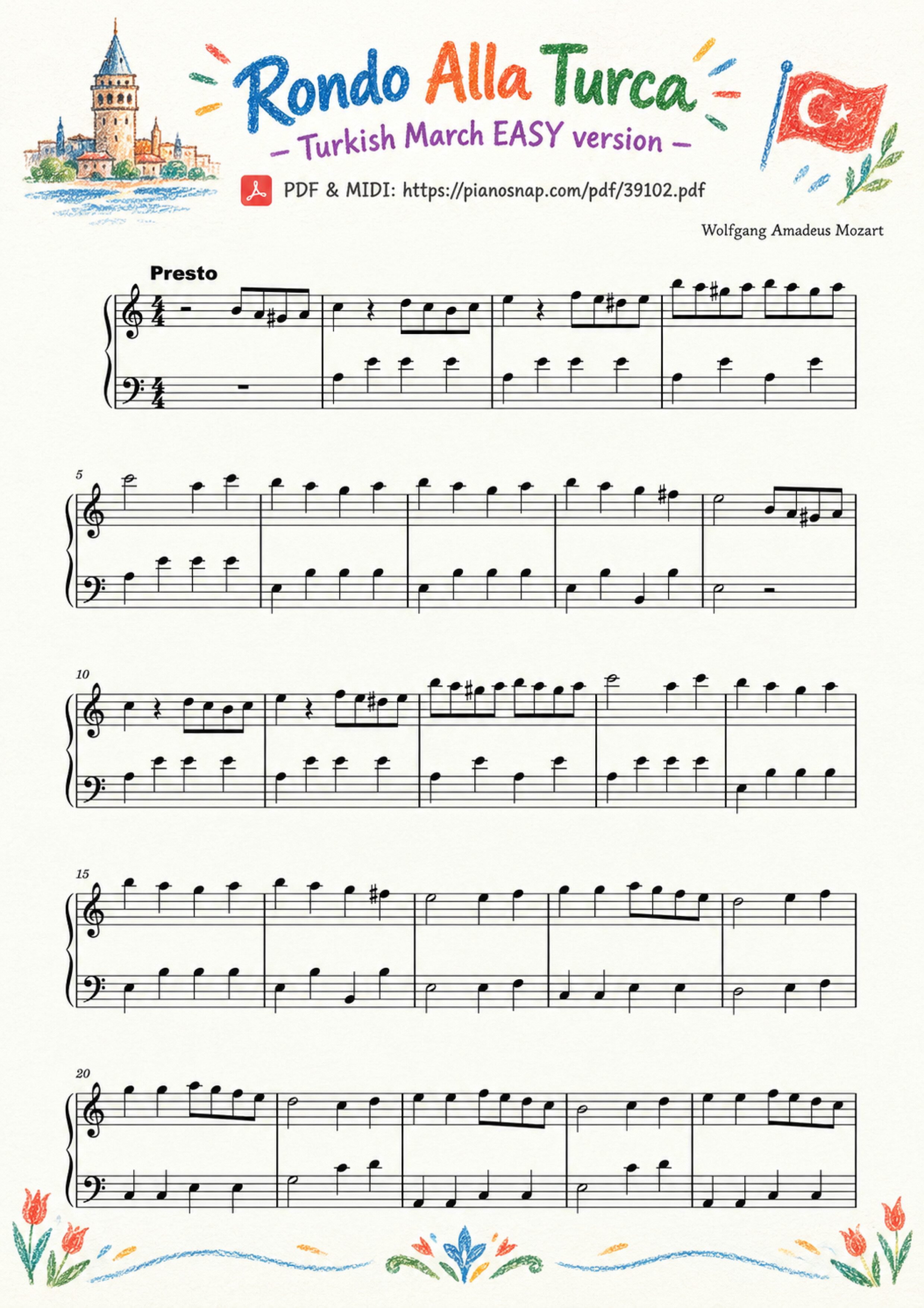 Illustrated Sheet Music Page 2 of the piano sheet music PDF Piano – Rondo Alla Turca - Turkish March EASY version by Wolfgang Amadeus Mozart