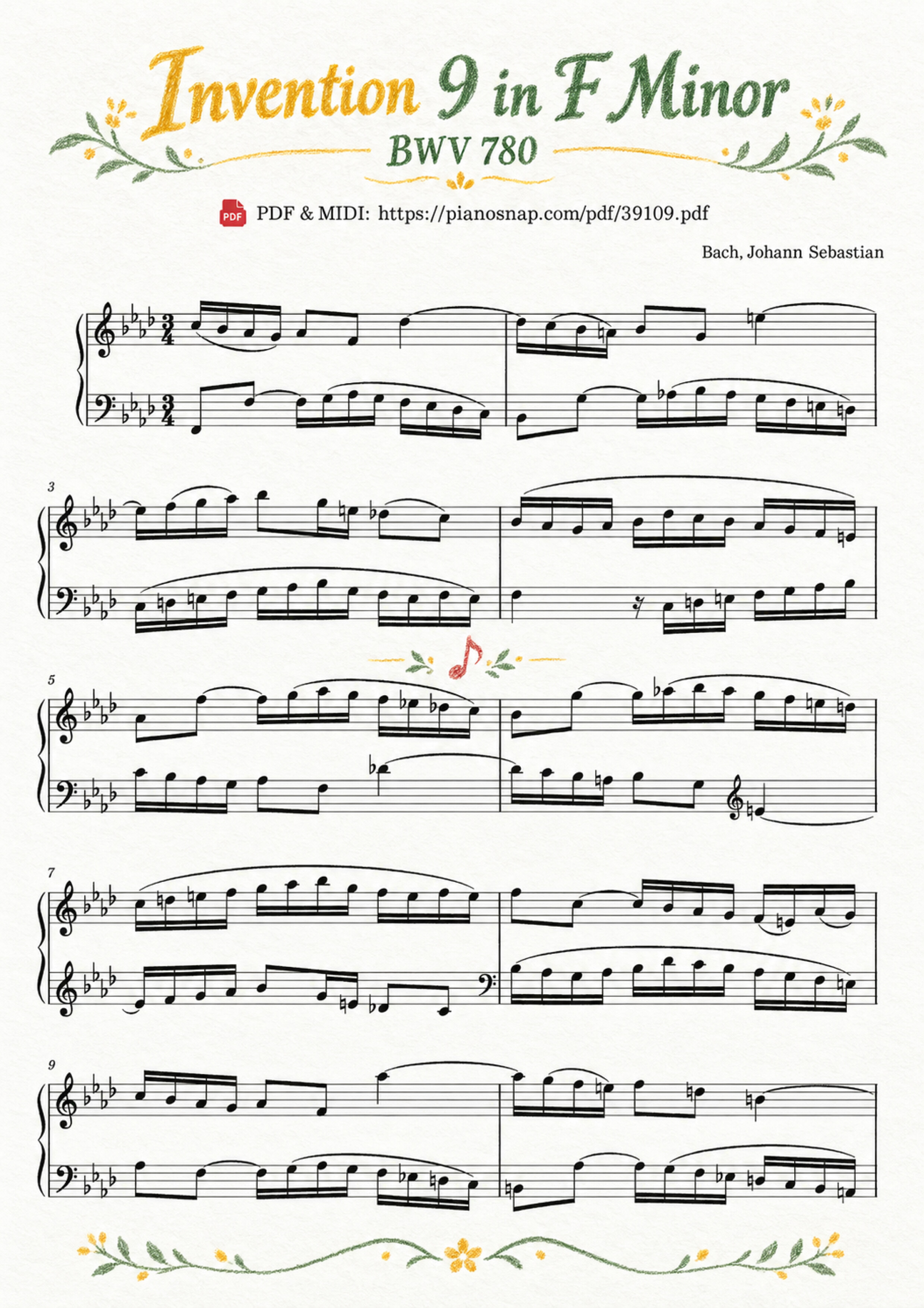 Illustrated Sheet Music Page 3 of the piano sheet music PDF – Invention 9 in F Minor, BWV 780 by Johann Sebastian Bach