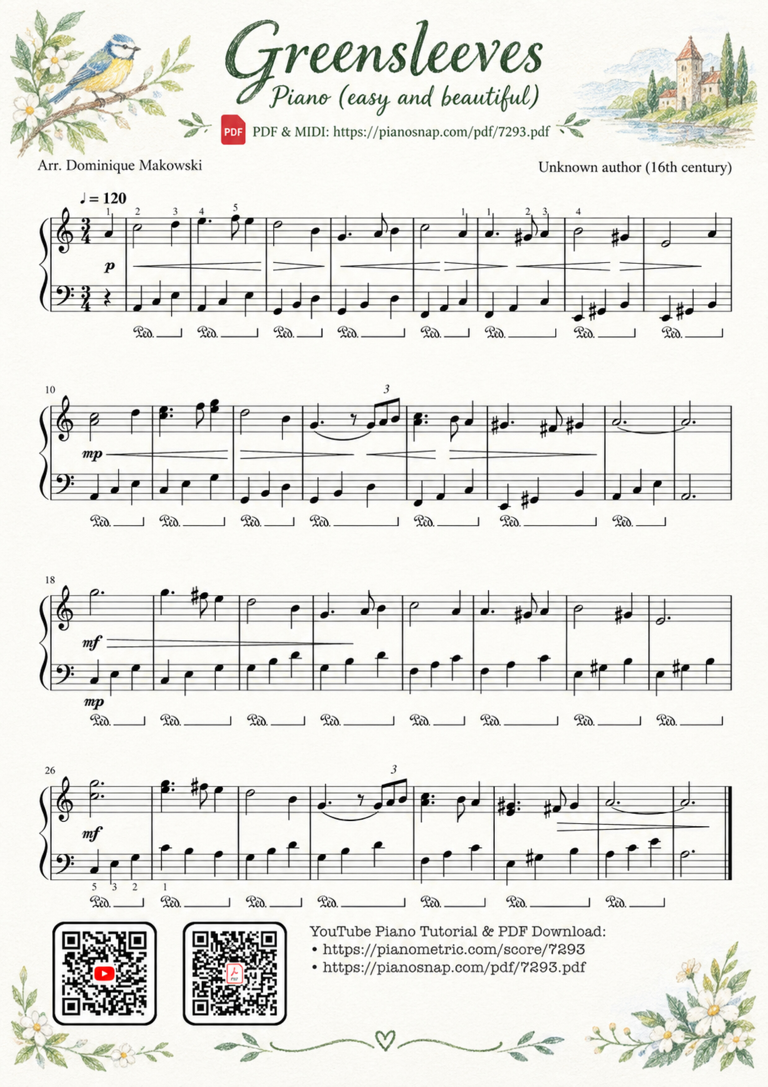 Illustrated Sheet Music Page 1 of the piano sheet music PDF – Greensleeves Piano (easy and beautiful) by Dân ca Anh