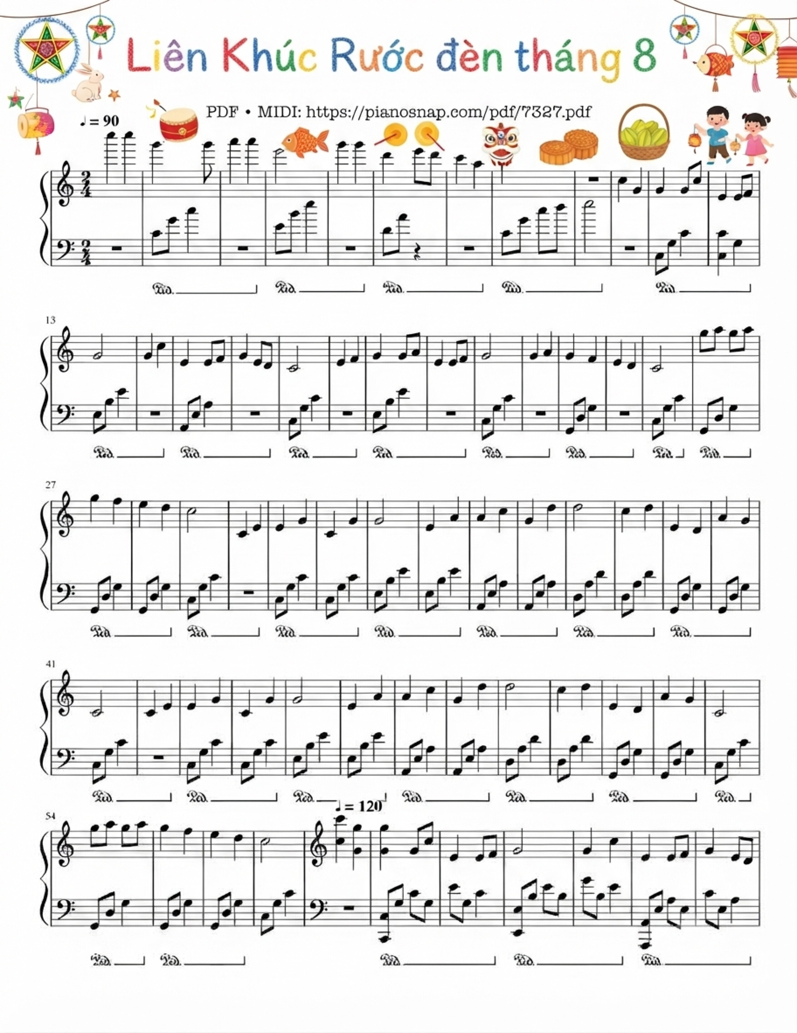 Illustrated Sheet Music Page 4 of the piano sheet music PDF – Rước đèn tháng 8 + Chiếc đèn ông sao Piano solo liên khúc by Phạm Tuyên