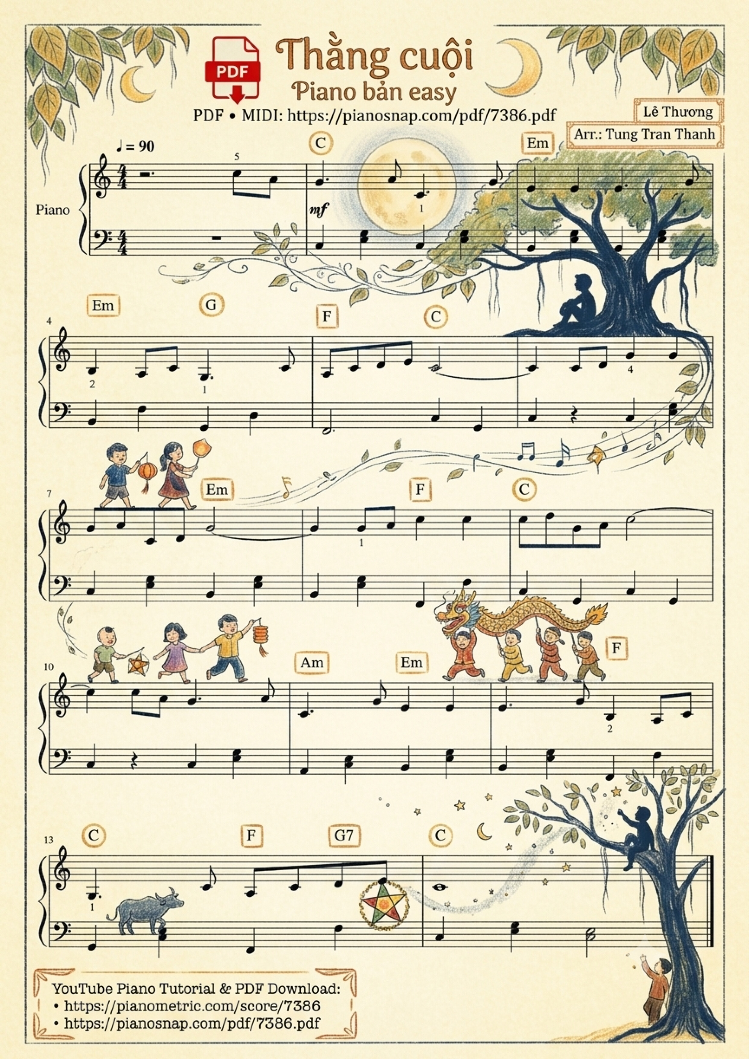 Illustrated Sheet Music Page 1 of the piano sheet music PDF – Thằng cuội Piano bản easy by Lê Thương