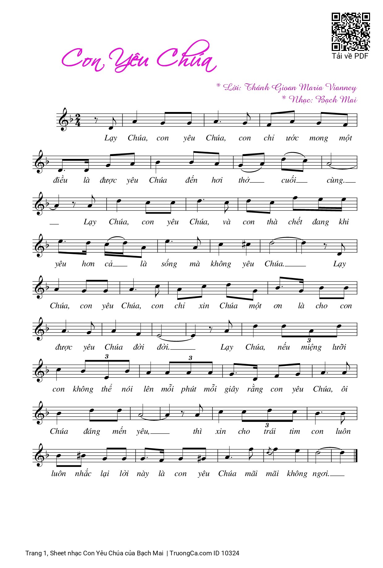 Page 1 of the piano sheet music PDF – Con Yêu Chúa by Bạch Mai