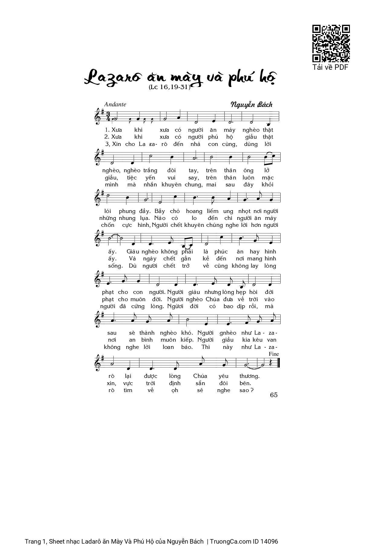 Page 1 of the piano sheet music PDF – Ladarô ăn Mày Và Phú Hộ by Nguyễn Bách
