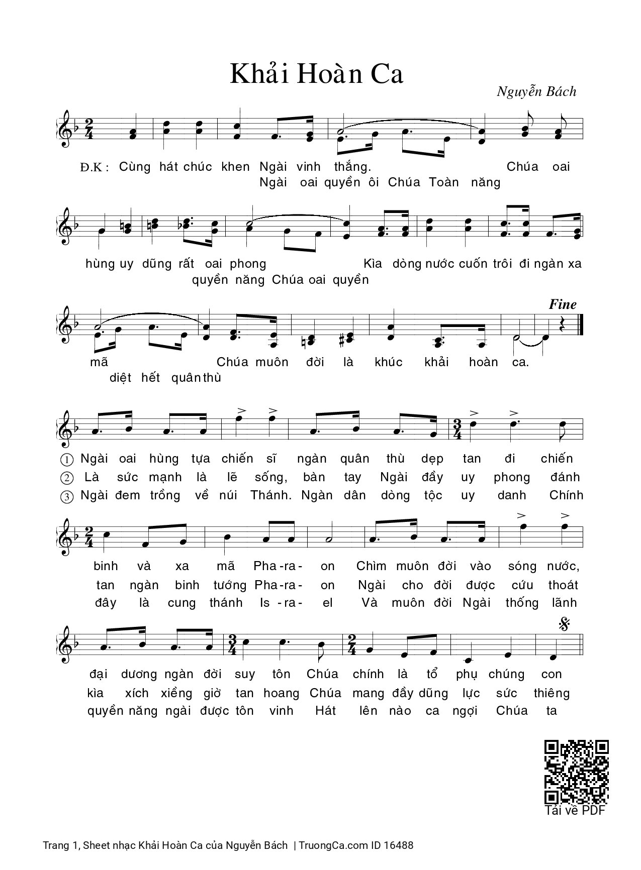 Page 1 of the piano sheet music PDF – Khải Hoàn Ca by Nguyễn Bách