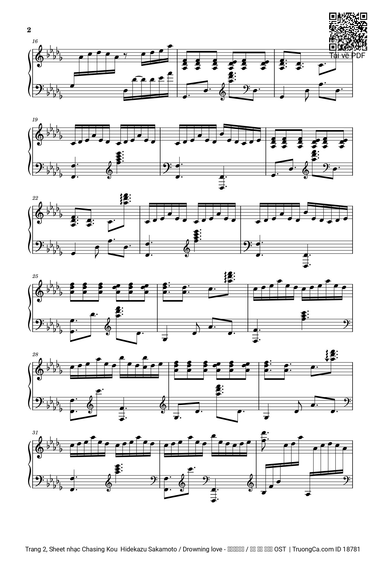 Page 2 of the piano sheet music PDF – Chasing Kou (from Drowning Love) Piano by Hidekazu Sakamoto