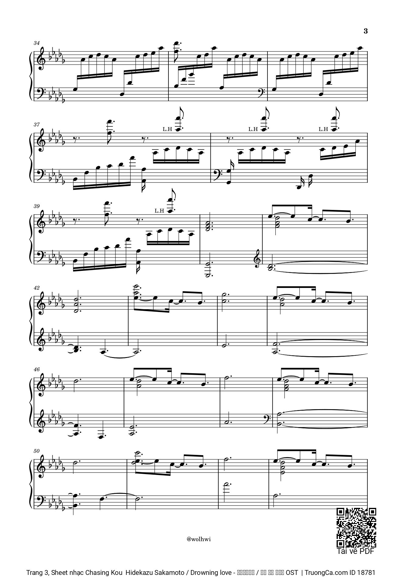 Page 3 of the piano sheet music PDF – Chasing Kou (from Drowning Love) Piano by Hidekazu Sakamoto