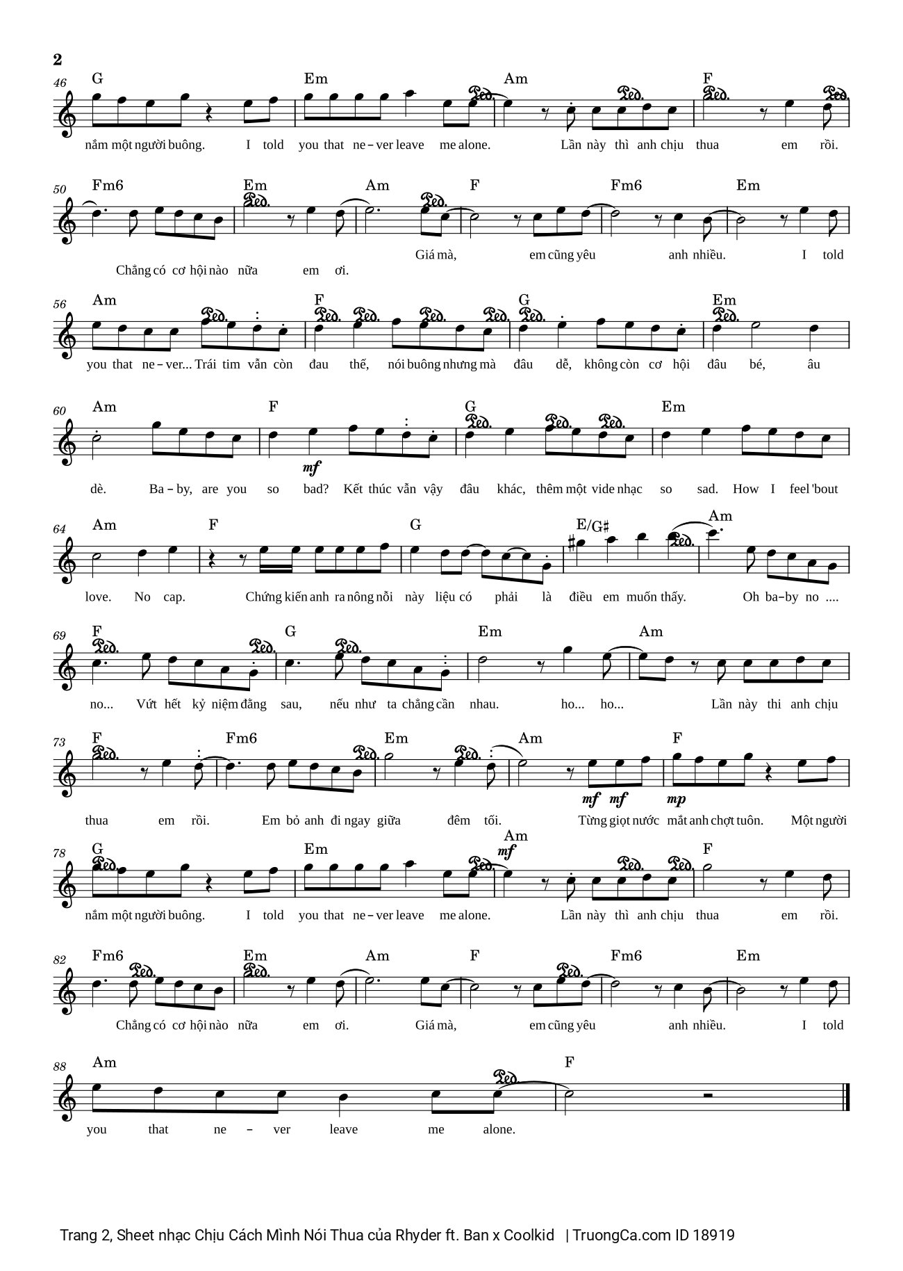 Page 2 of the piano sheet music PDF – Chịu Cách Mình Nói Thua by Rhyder ft. Ban x Coolkid 