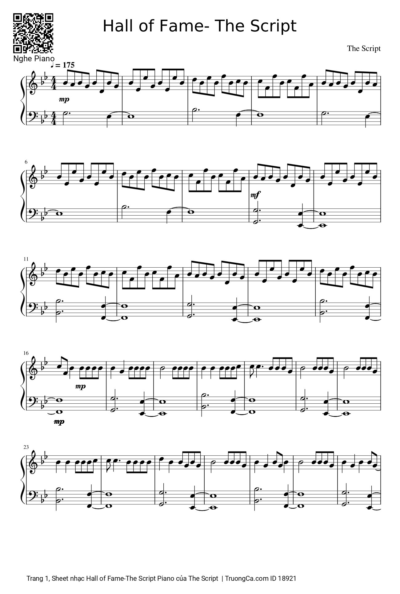 Page 1 of the piano sheet music PDF – Hall of Fame -The Script Piano by The Script