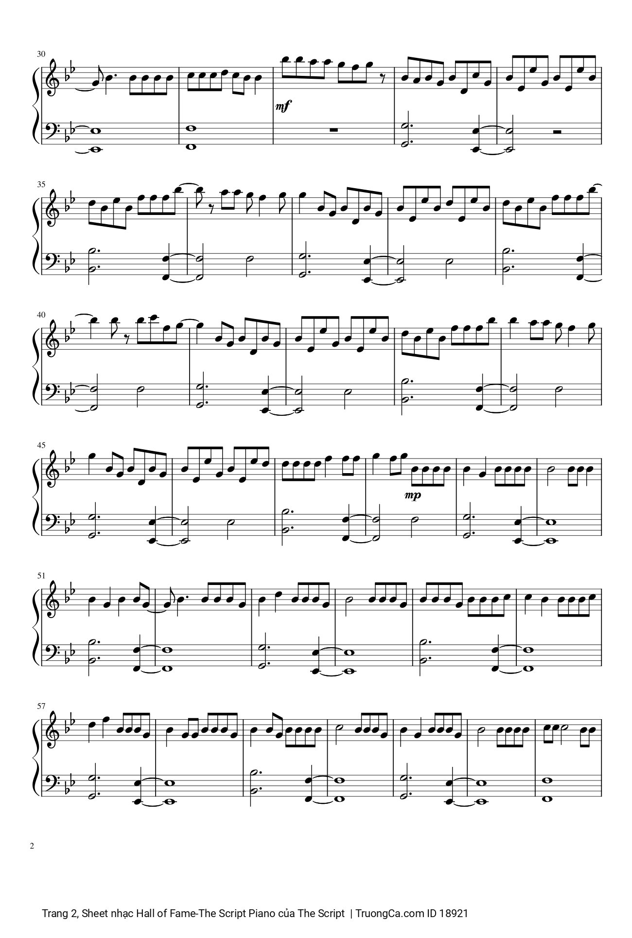 Page 2 of the piano sheet music PDF – Hall of Fame -The Script Piano by The Script