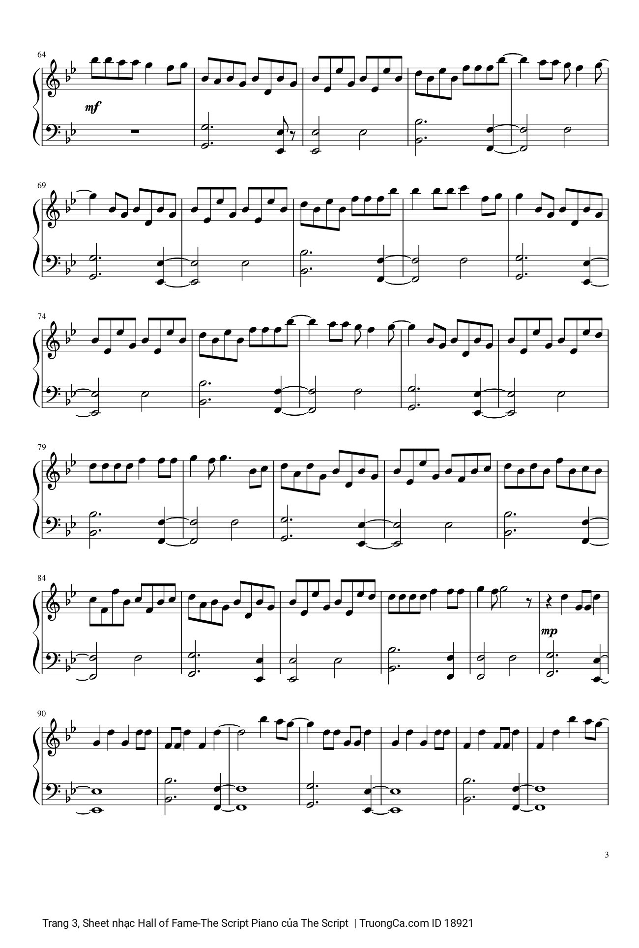 Page 3 of the piano sheet music PDF – Hall of Fame -The Script Piano by The Script