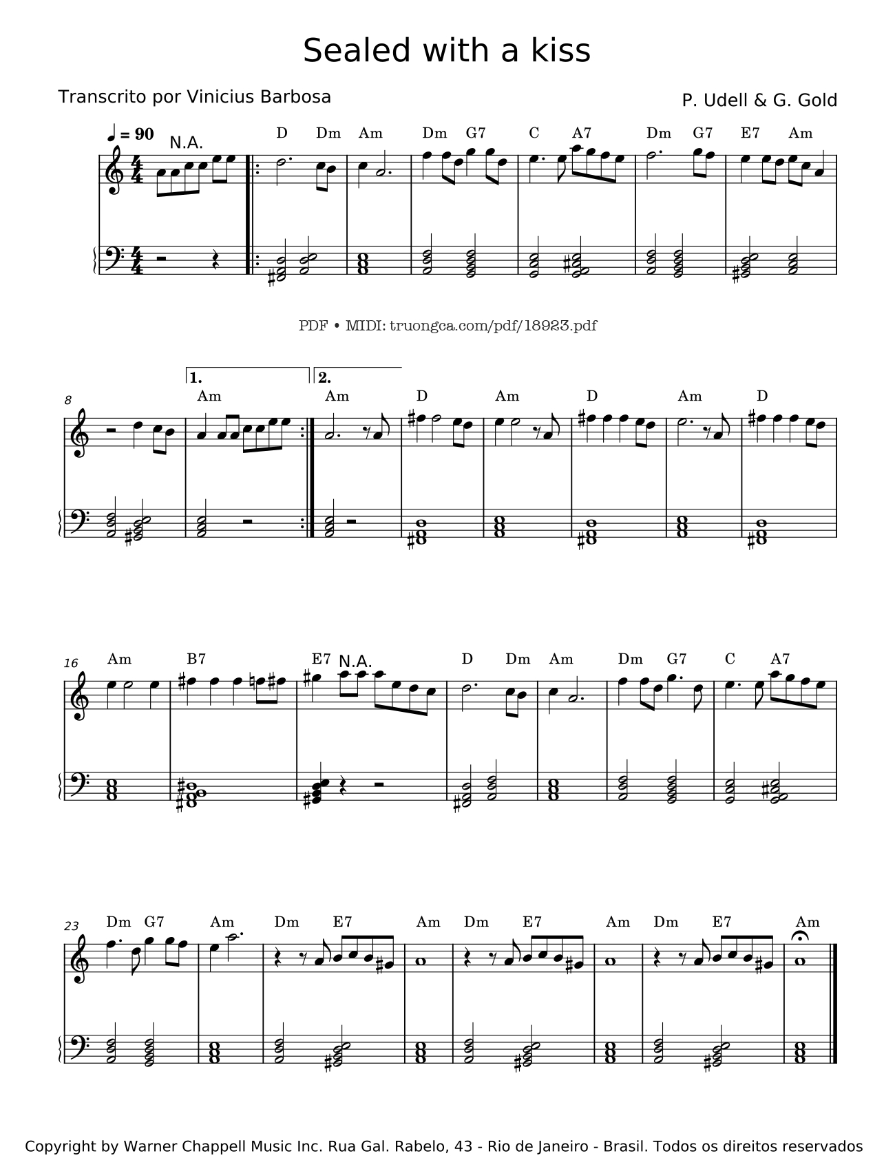 Page 1 of the piano sheet music PDF – Sealed with a kiss Piano Easy by P. Udell & G. Gold