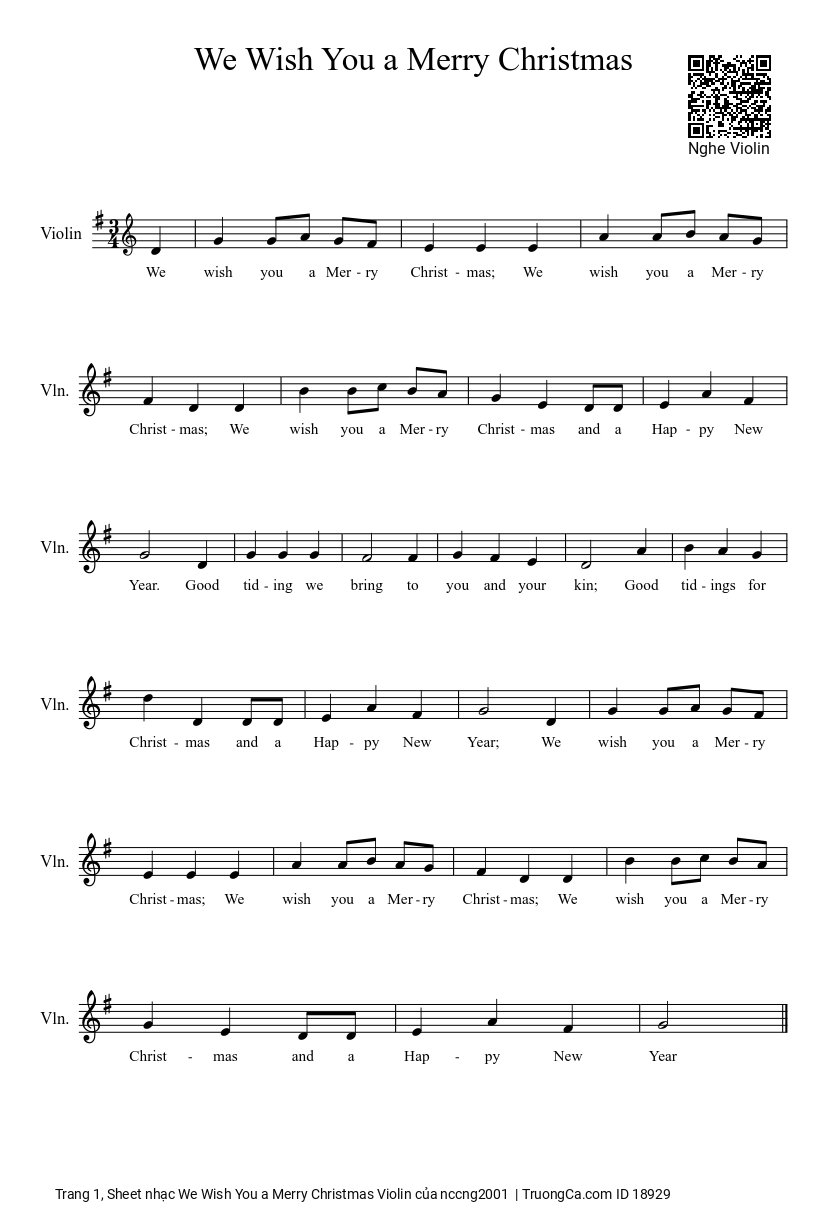 Page 1 of the piano sheet music PDF – We Wish You a Merry Christmas Violin by Nccng2001
