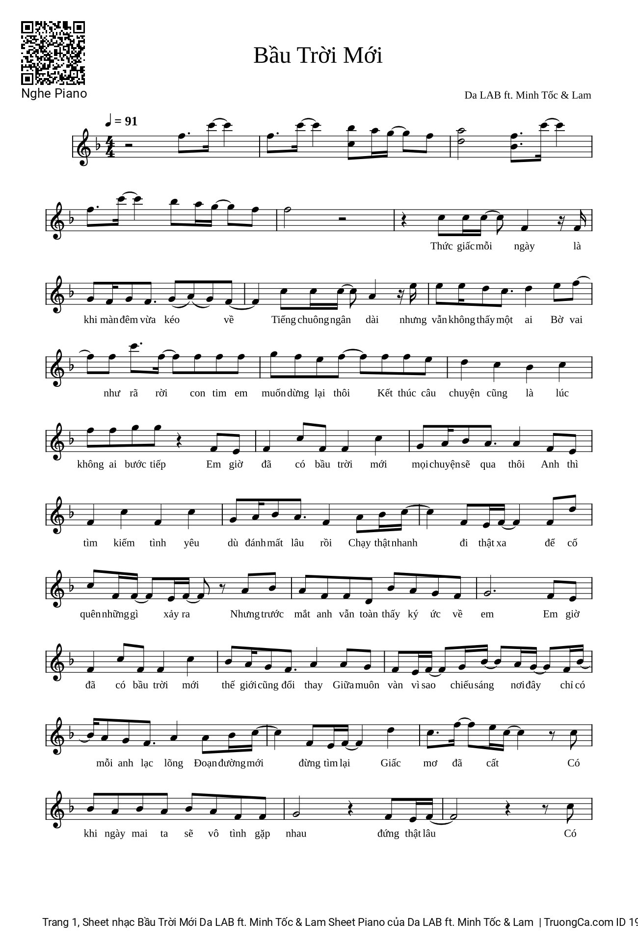 Page 1 of the piano sheet music PDF – Bầu Trời Mới by Da LAB