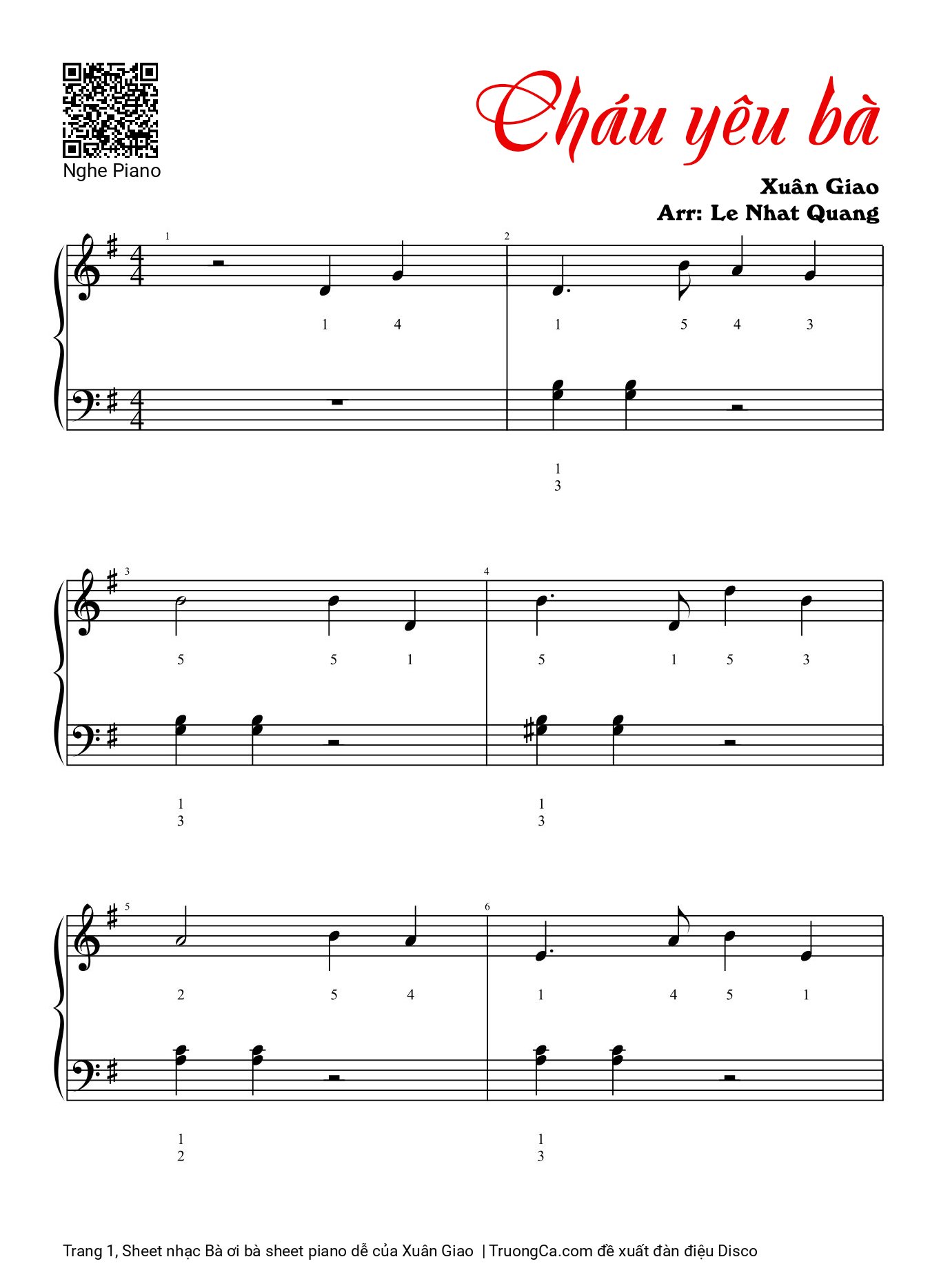 Page 1 of the piano sheet music PDF Piano – Bà ơi bà sheet piano dễ by Xuân Giao