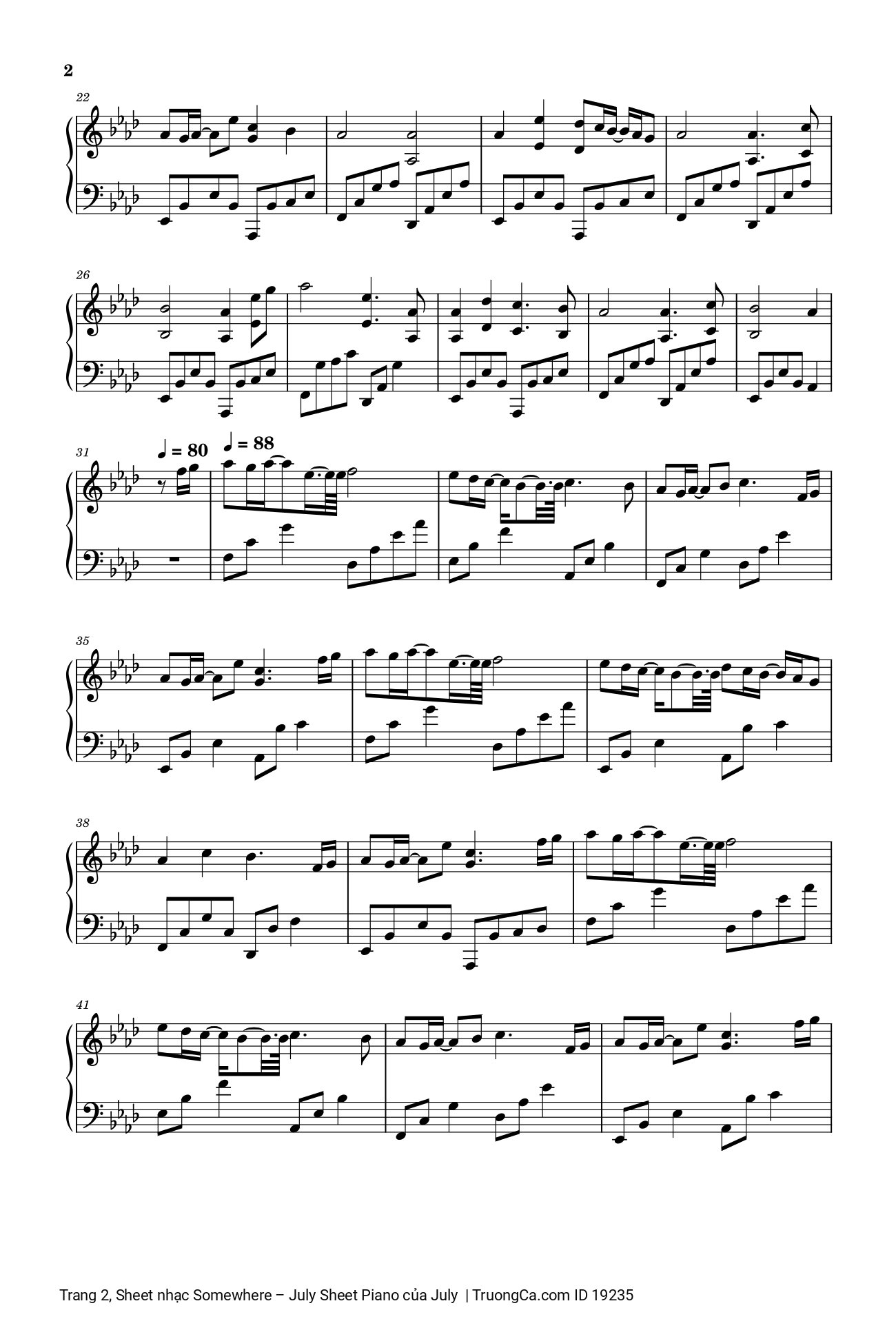 Page 2 of the piano sheet music PDF – Somewhere – July Sheet Piano by July