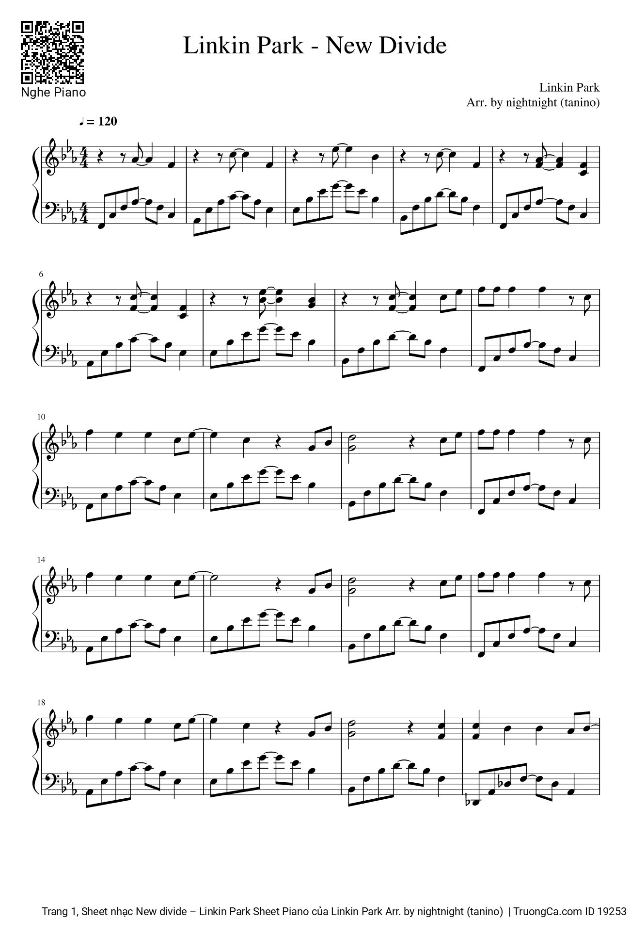 Page 1 of the piano sheet music PDF – New divide Sheet Piano by Linkin Park