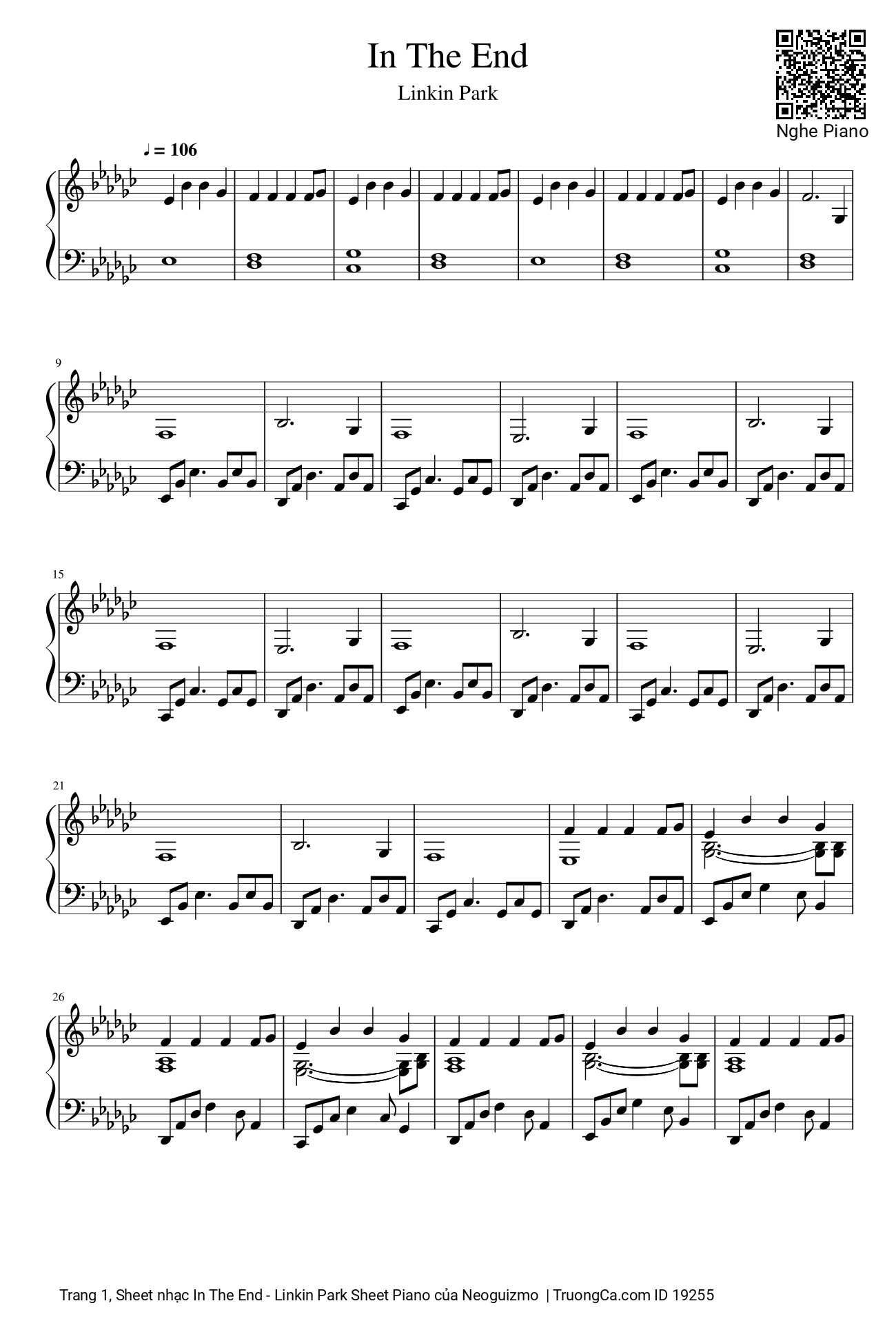 Page 1 of the piano sheet music PDF – In The End Sheet Piano by Neoguizmo