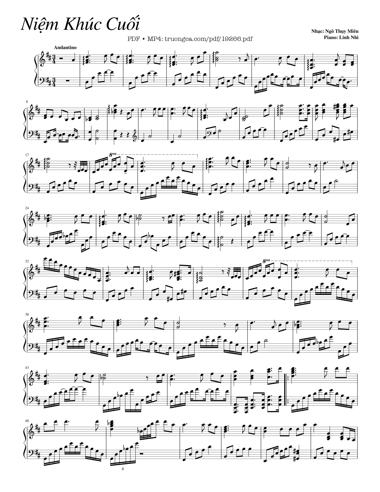 Page 1 of the piano sheet music PDF Piano – Niệm Khúc Cuối Sheet Piano by  Ngô Thụy Miên