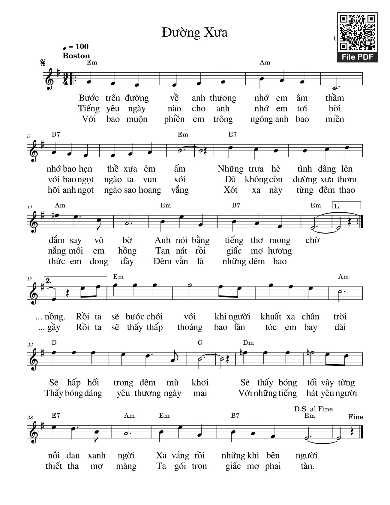 Page 1 of the piano sheet music PDF – Đường Xưa by Quốc Dũng