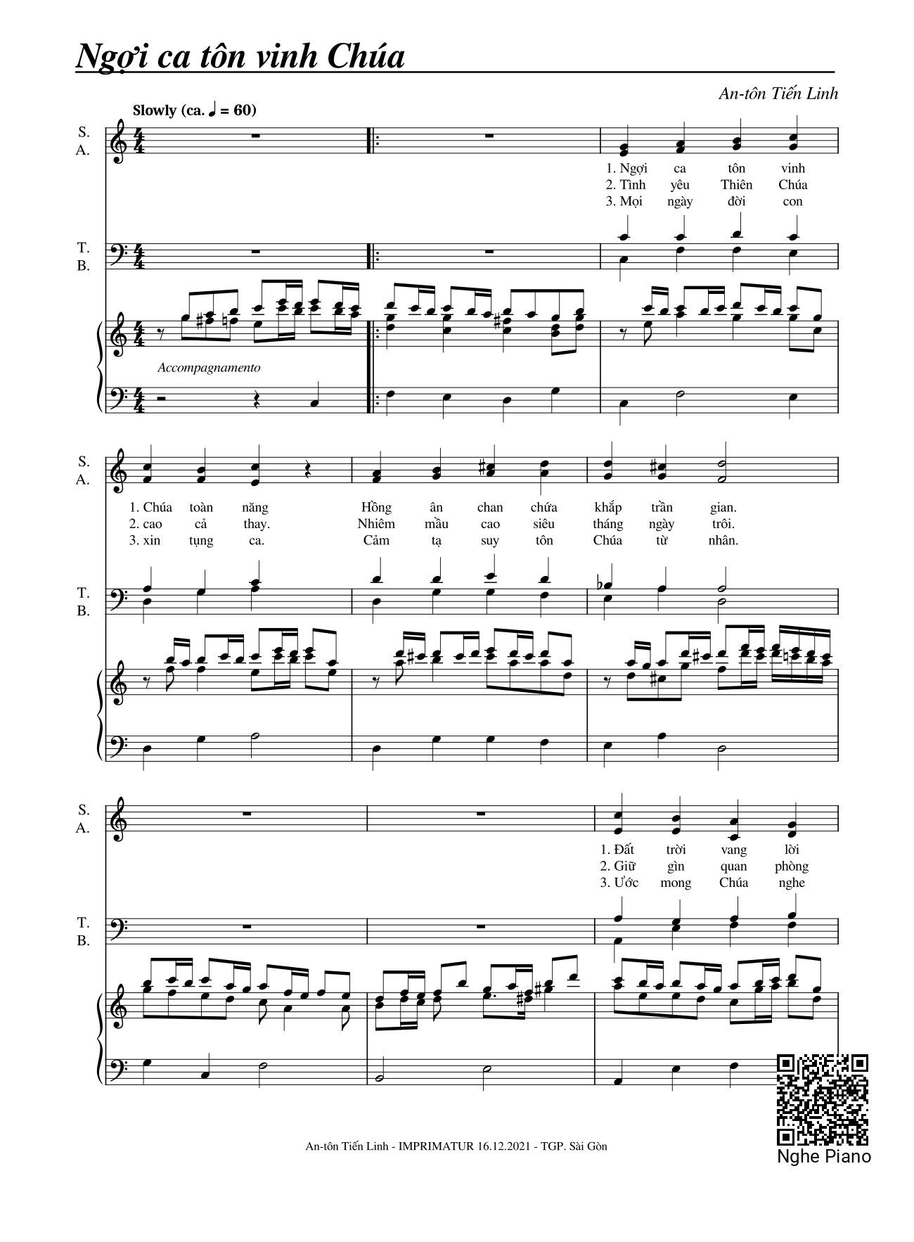 Page 1 of the piano sheet music PDF – Ngợi ca tôn vinh Chúa by Tiến Linh